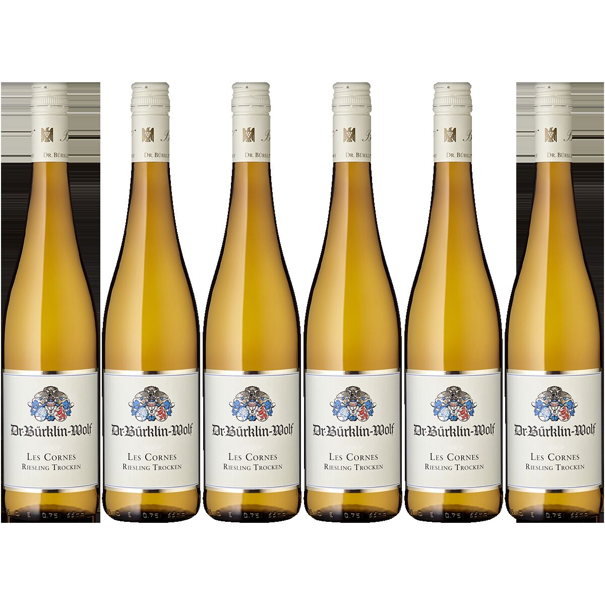 Das Bild zeigt sechs nebeneinander stehende Flaschen Les Cornes Riesling Trocken von Dr. Bürklin-Wolf in einem Sechserpaket. Die Flaschen haben weiß-gelbe Etiketten mit farbigem Wappen und goldenem Schriftzug, gefüllt mit hellem Weißwein. Geeignet für Weinliebhaber, Feste und besondere Anlässe.
