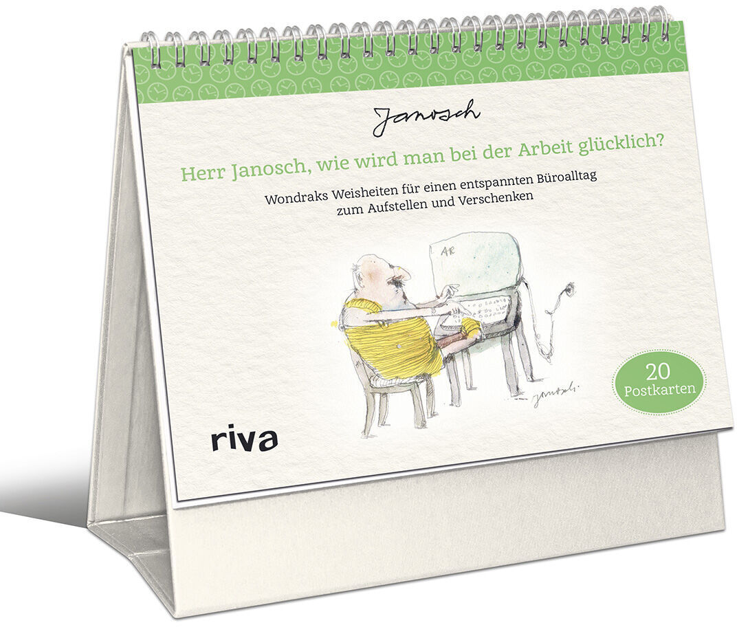 Postkartenaufsteller mit der Aufschrift »Herr Janosch, wie wird man bei der Arbeit glücklich?«. Das Produkt zeigt eine Illustration mit zwei Figuren an einem Tisch. Enthält 20 Postkarten mit Weisheiten für einen entspannten Büroalltag. Die Hauptfarben sind Grün, Weiß, Gelb und Grau.