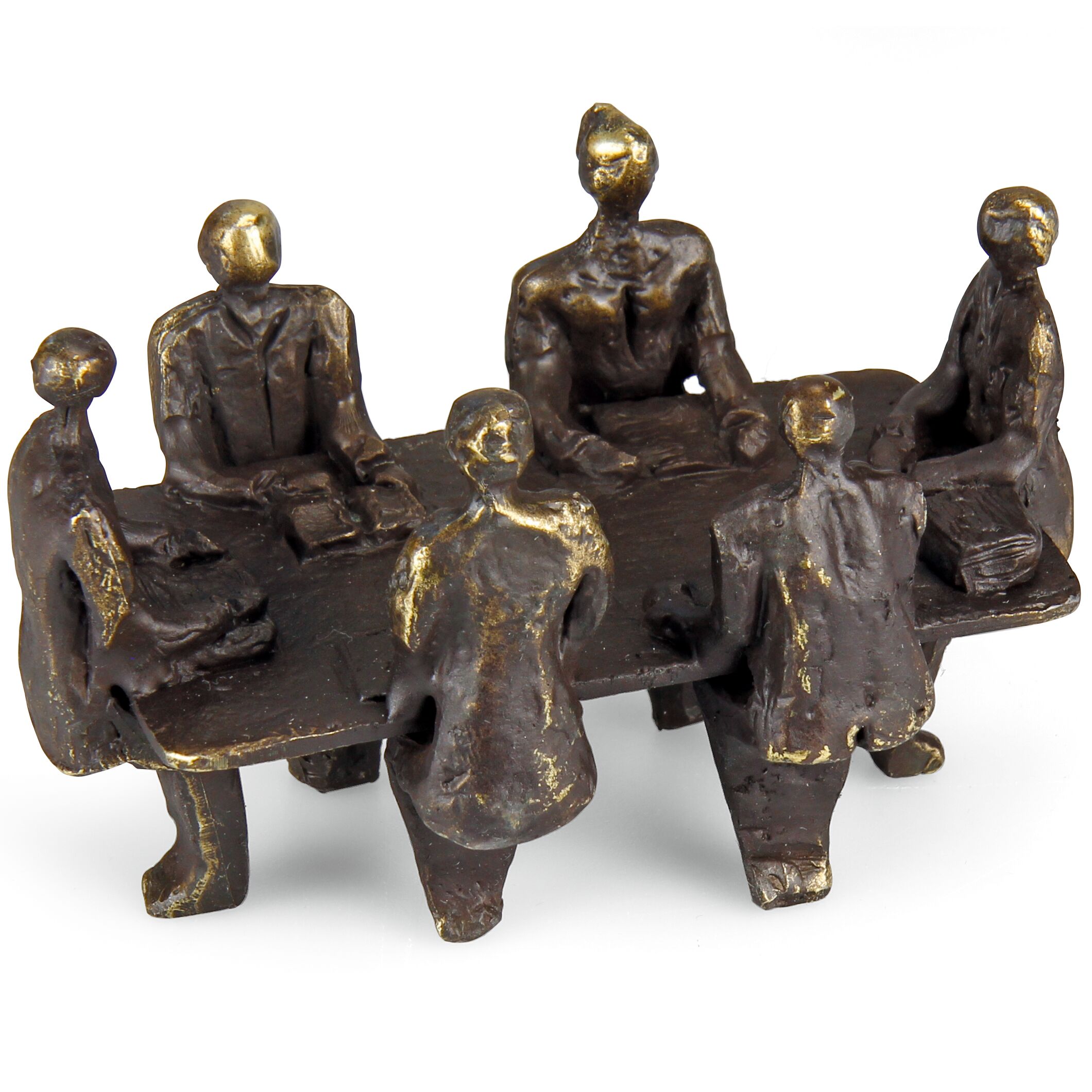 Die Abbildung zeigt eine detailreiche Skulptur aus Metallguss von Gerard mit dem Titel »Meeting«. Sechs abstrahierte menschliche Figuren sitzen an einem länglichen Konferenztisch in intensiver Besprechung. Die Skulptur wirkt in Bronzeoptik mit goldfarbenen Akzenten und modernes Design.
