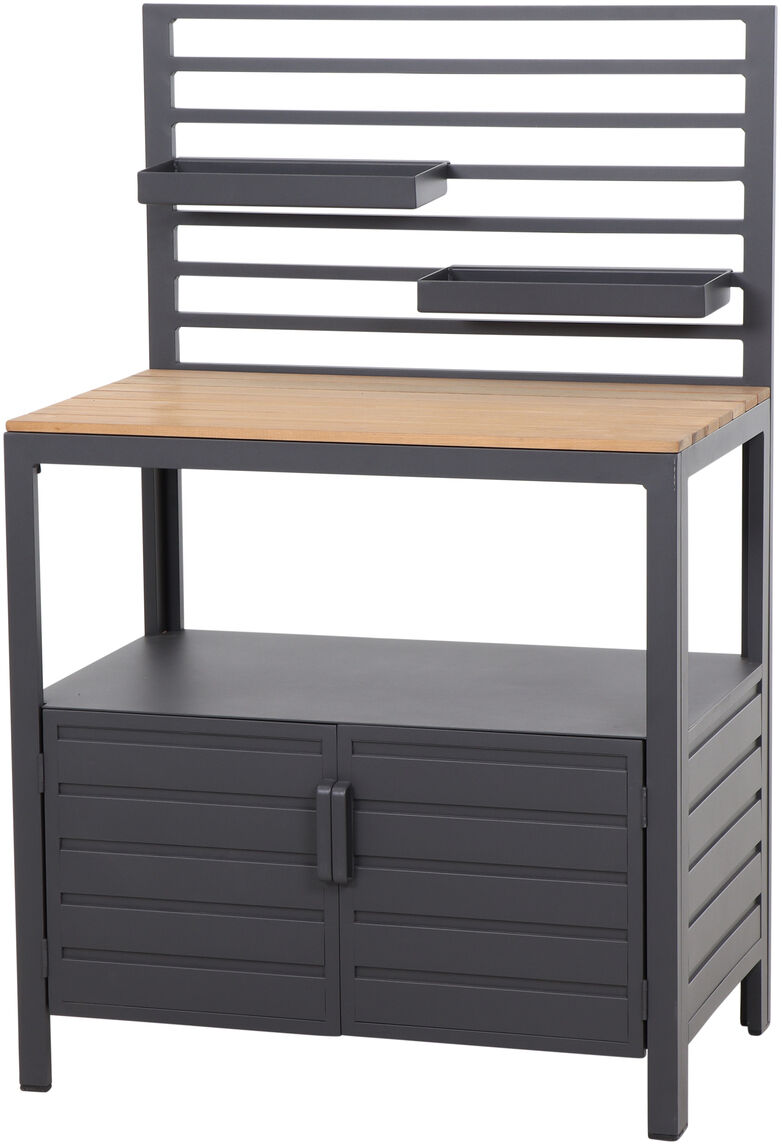 Ein Outdoor-Küchenmodul namens 'Sierra' mit einer Holzarbeitsfläche und grauer Metallstruktur, inklusive eines Schranks und Regalen.
