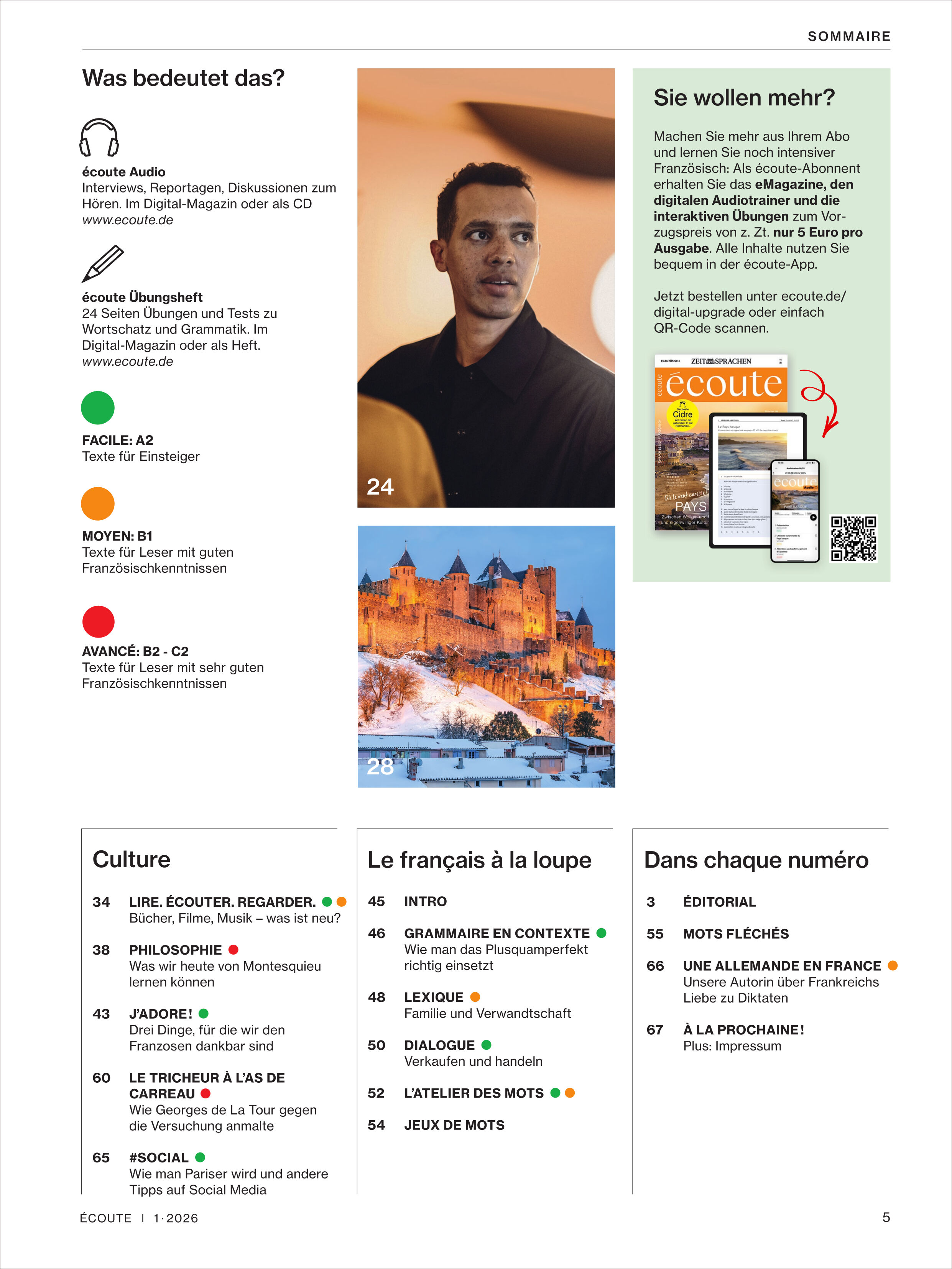 Seite aus dem Écoute Magazin 1/2026 mit Inhaltsverzeichnis, Fotos von einer Person und einer beleuchteten Burg, Magazincover sowie Abschnitten zu Audioinhalten, Sprachniveau, Themenauswahl und Hinweisen zur Nutzung digitaler Angebote. Strukturierte und farblich abgesetzte Gestaltung.