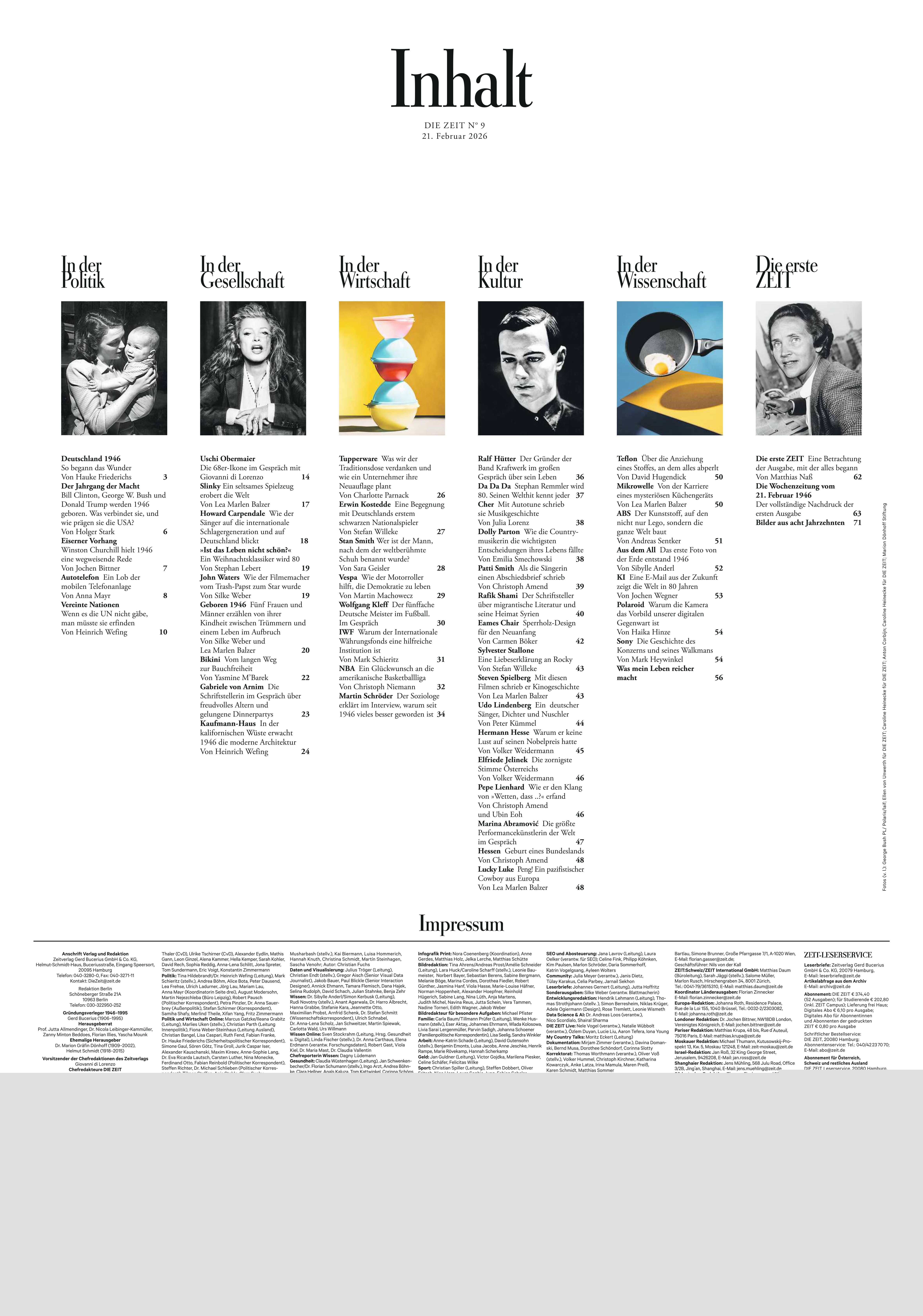 Detailreiche Inhaltsseite der Sonderausgabe DIE ZEIT 09/2026. Oben groß der Schriftzug 'Inhalt', darunter Spalten zu verschiedenen Ressorts wie Politik, Gesellschaft, Wirtschaft, Kultur, Wissenschaft und Diverses, jeweils mit Bild und Artikelliste. Unten Impressum in feiner Schrift auf Weiß.