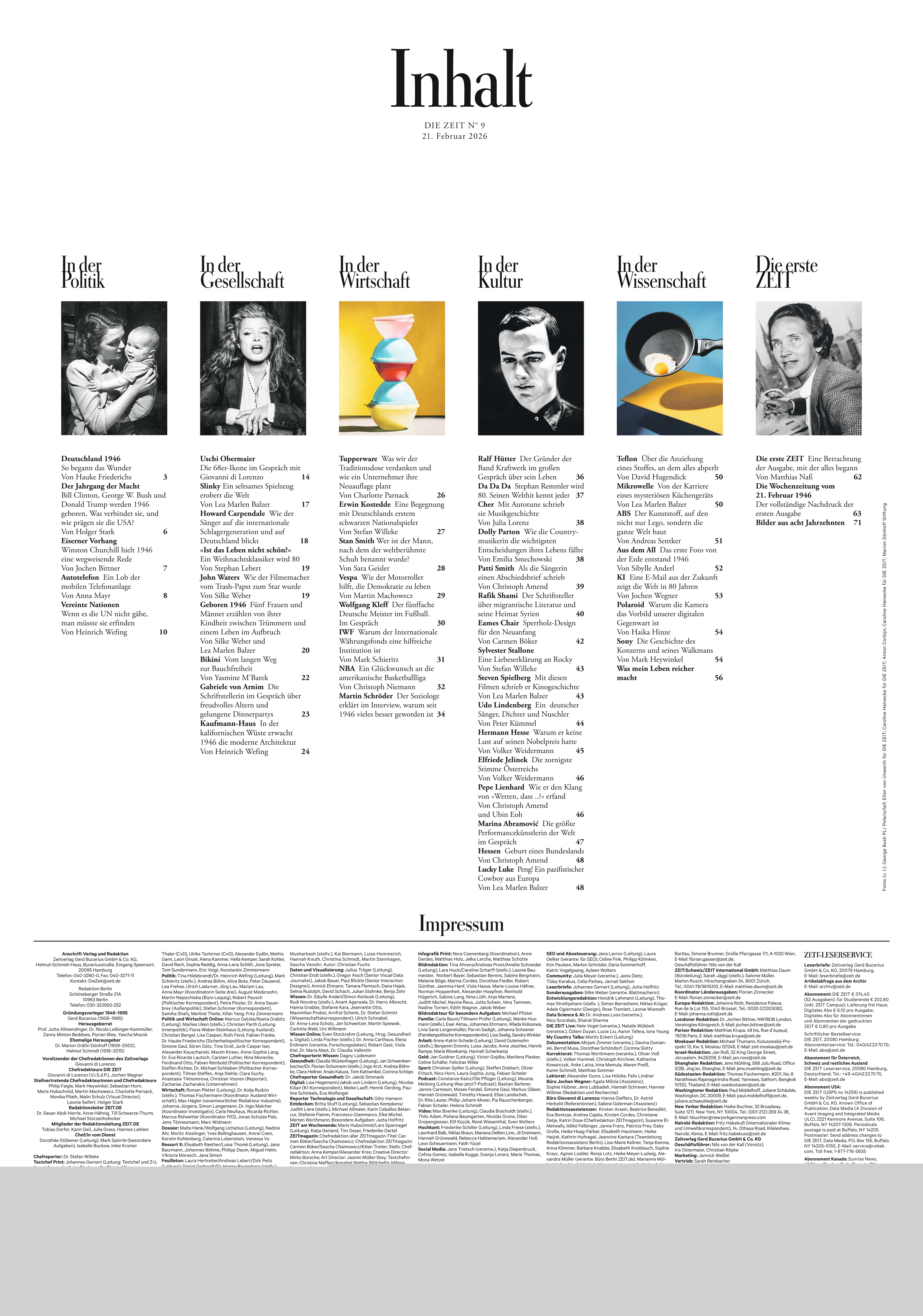 Detailreiche Inhaltsseite der Sonderausgabe DIE ZEIT 09/2026. Oben groß der Schriftzug 'Inhalt', darunter Spalten zu verschiedenen Ressorts wie Politik, Gesellschaft, Wirtschaft, Kultur, Wissenschaft und Diverses, jeweils mit Bild und Artikelliste. Unten Impressum in feiner Schrift auf Weiß.