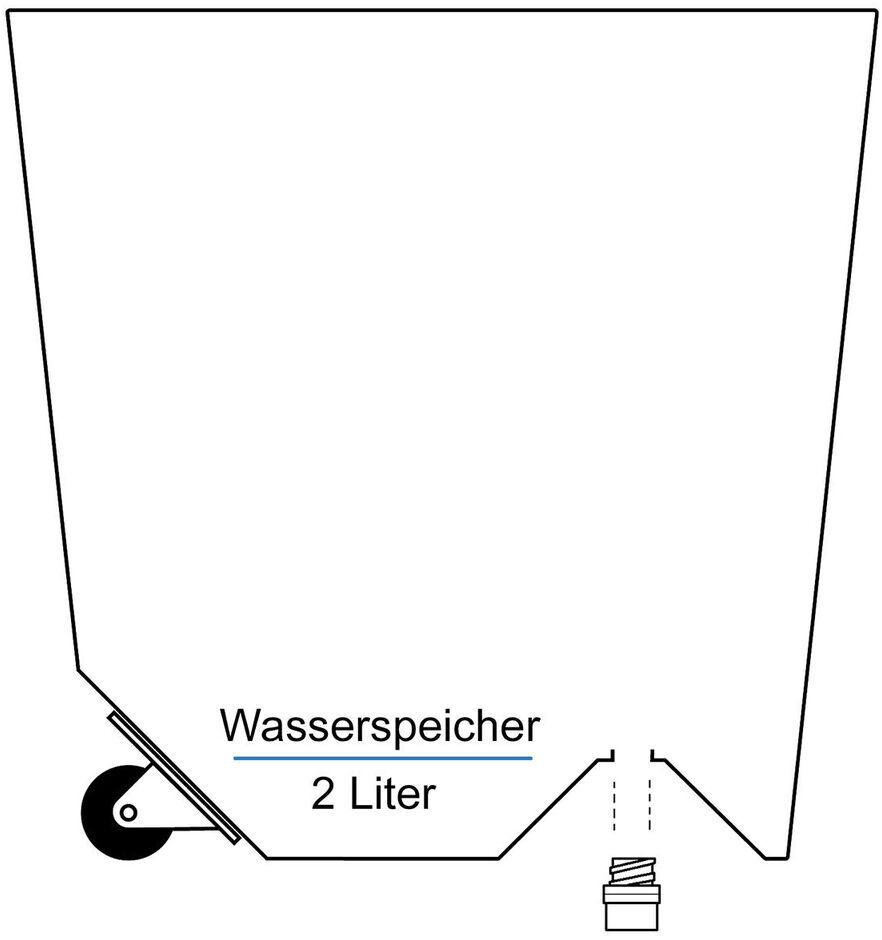 Mobiler Pflanzkübel mit integriertem Wasserspeicher von 2 Litern. Der Kübel ist auf Rollen montiert und zeigt ein schlichtes, funktionales Design in Weiß und Schwarz.