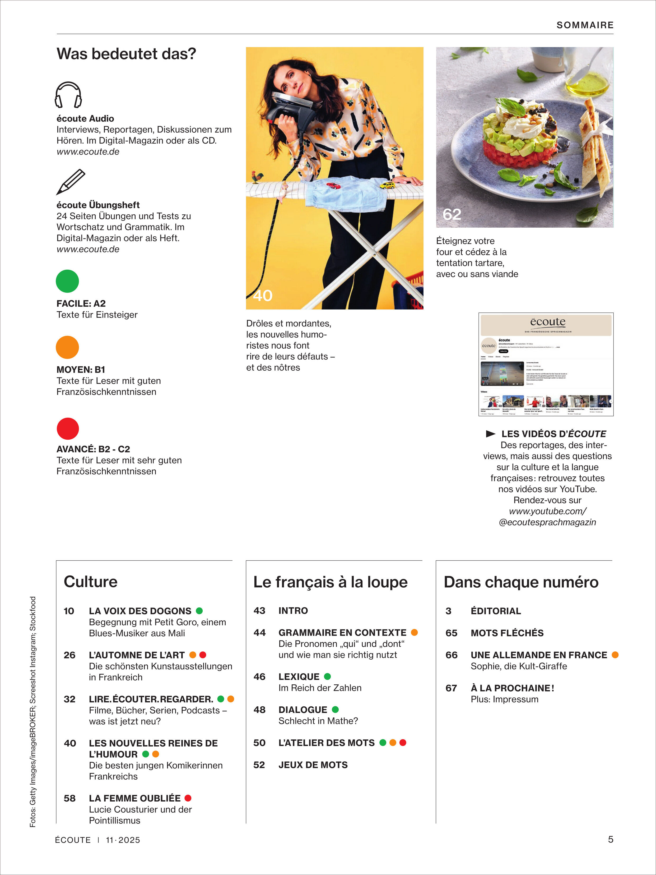 Das Bild zeigt eine Inhaltsseite des Écoute Magazin 11/2025 mit Themen rund um das Französischlernen, inklusive einer Liste von Rubriken, farbigen Akzenten und einem großen Foto einer jungen Frau mit Kopfhörern, sowie einem kleineren Foto eines französischen Gerichts oben rechts.