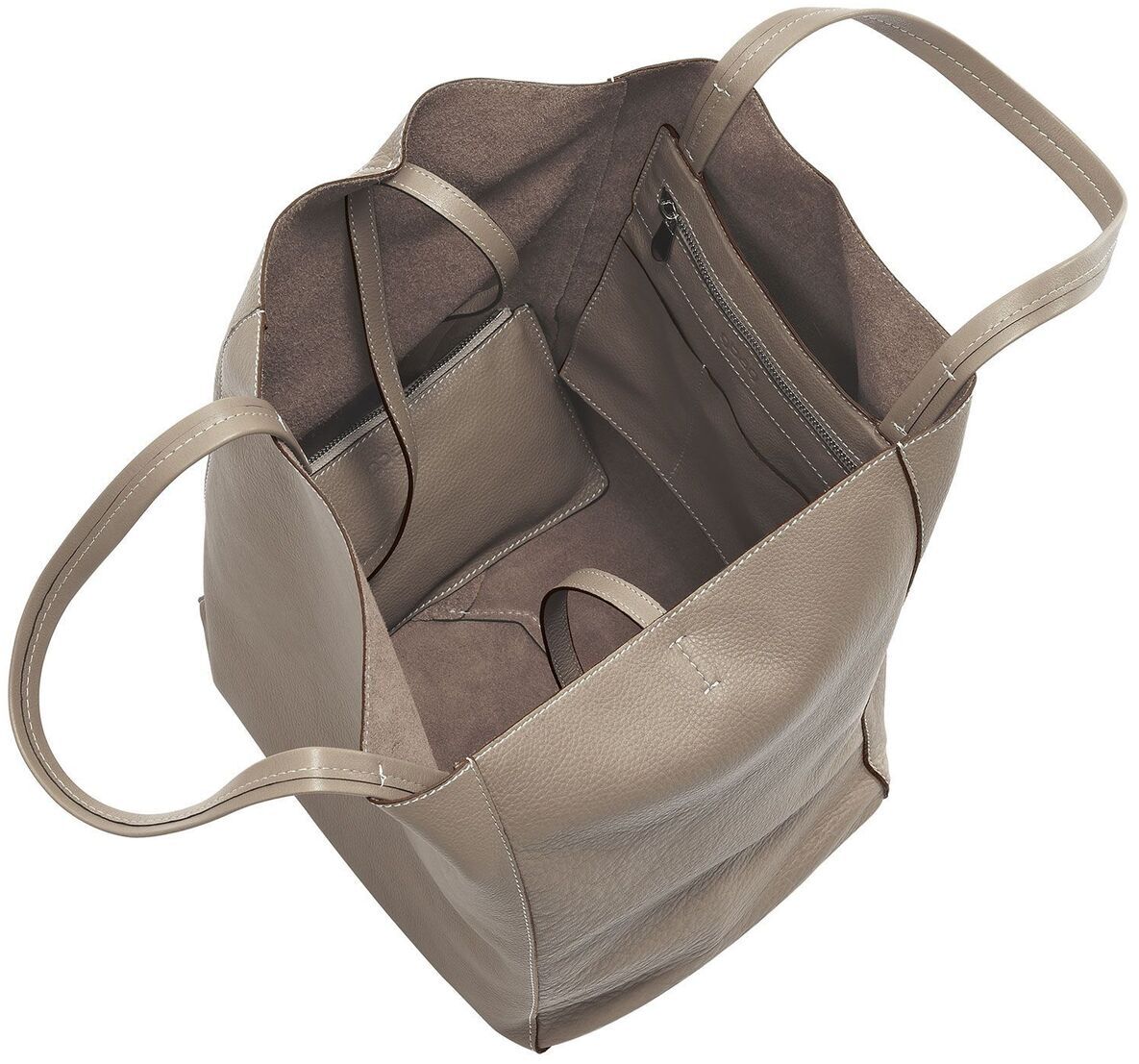 Eine elegante und minimalistische Handtasche aus beigem Leder mit geräumigem Innenfach und Innentasche mit Reißverschluss. Ideal für den täglichen Gebrauch.