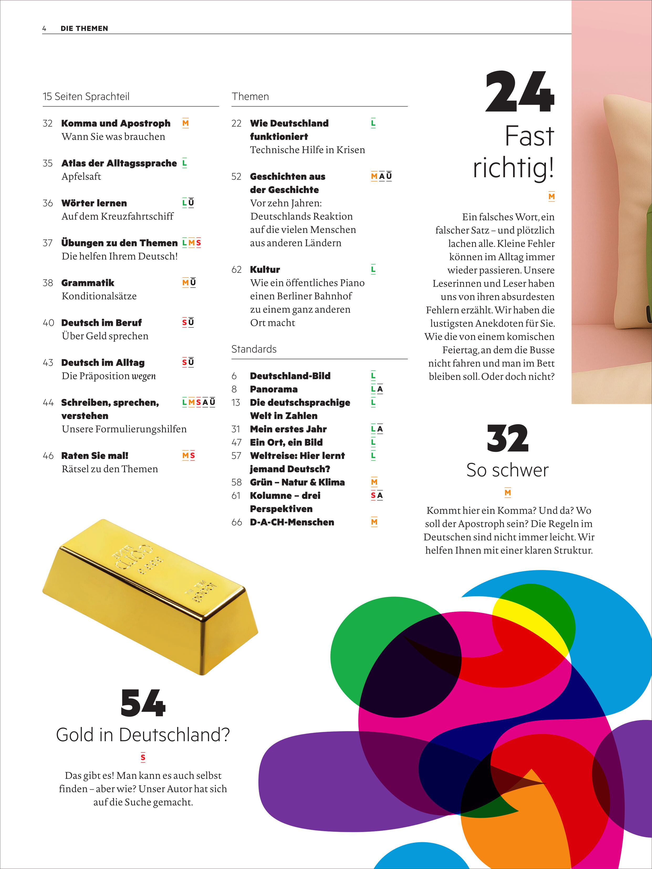 Die abgebildete Magazinseite zeigt das Inhaltsverzeichnis des 'Deutsch perfekt Magazin' 10/2025. Zentrale Elemente sind eine Übersicht von Themen zum Deutschlernen, farbige grafische Akzente und ein auffälliger gelber Goldbarren als Illustration. Das Design nutzt helle, freundliche Farben und vermittelt einen modernen, lehrreichen Eindruck mit Bezug zur deutschen Sprache und Kultur.