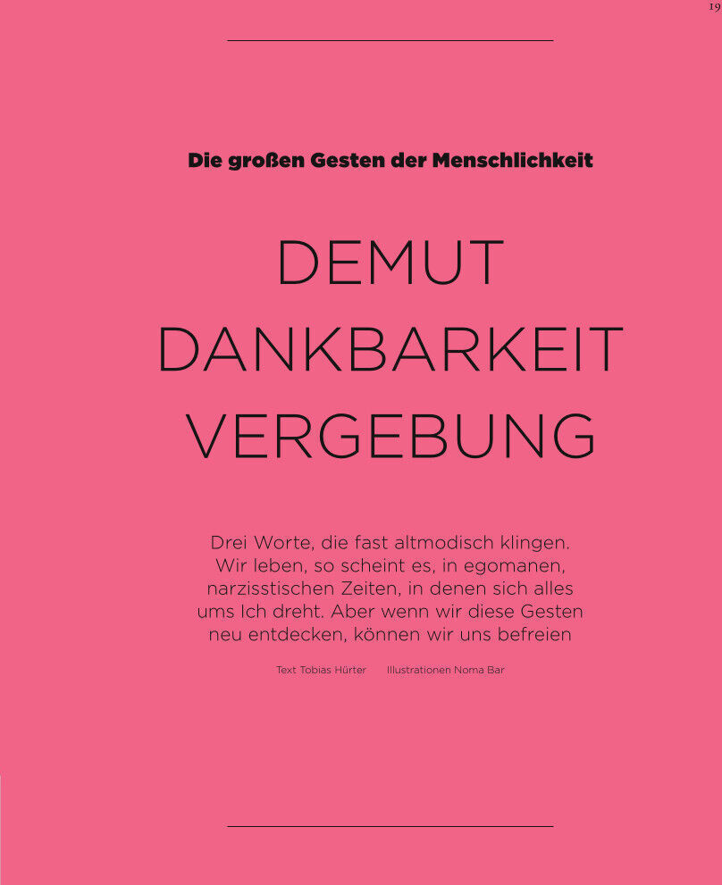 Magazincover mit dem Titel „ZEIT WISSEN 6/23“. Die Hauptschlagwörter sind „Demut, Dankbarkeit, Vergebung“. Der Hintergrund ist pink, mit schwarzer Schrift.