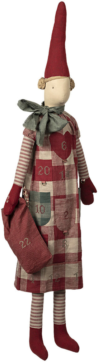 Das Bild zeigt einen Adventskalender in Form einer Stoffpuppe namens »Pixy Mädchen«. Die Puppe trägt eine rote Mütze, ein kariertes rotes und weißes Kleid mit aufgenähten nummerierten Taschen sowie rote Strümpfe. Das Adventskalender »Pixy Mädchen« ist liebevoll gestaltet und eignet sich ideal als Weihnachtsdekoration oder als Geschenk für Kinder.
