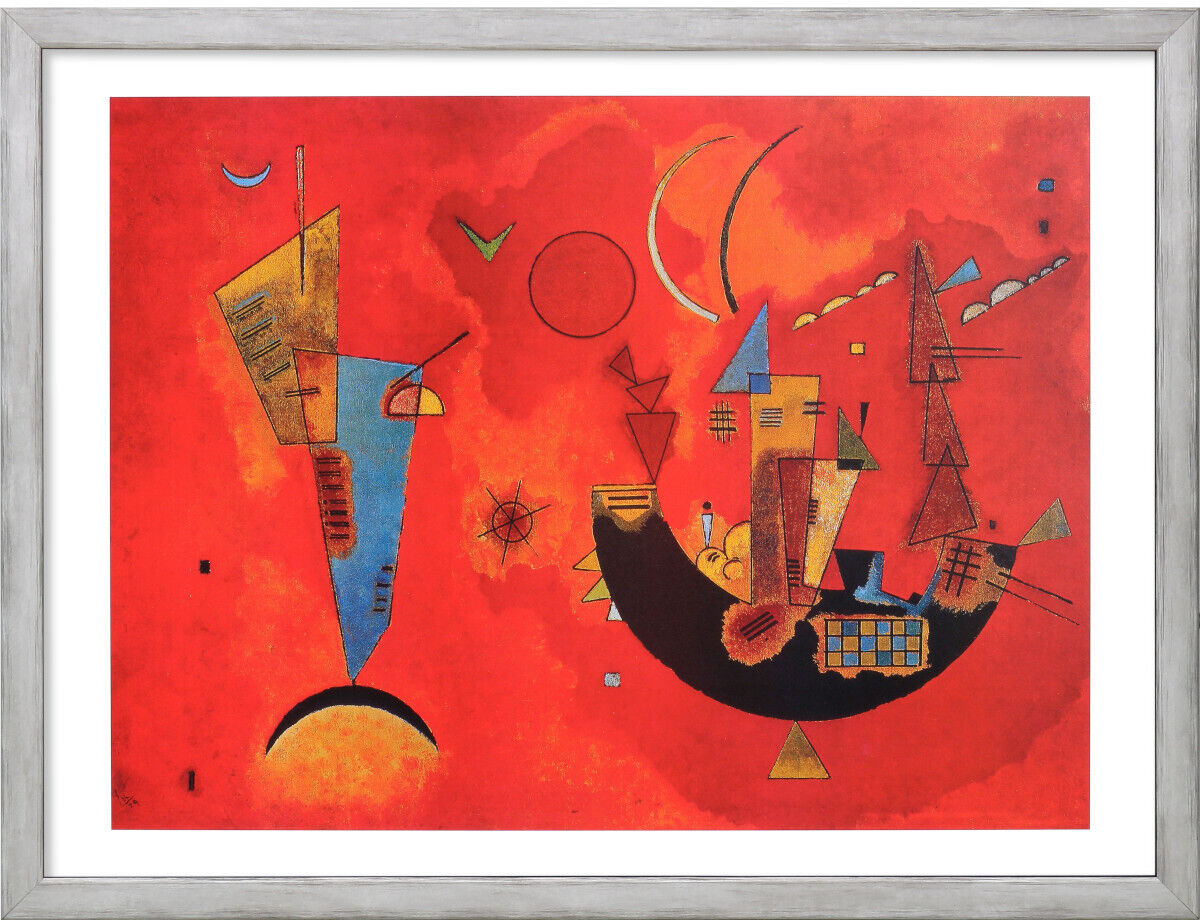 Kunstwerk von Wassily Kandinsky mit abstrakten geometrischen Formen in einem Farbspektrum von Rot, Blau, Orange, Schwarz und Gelb, eingerahmt in einem silbernen Bilderrahmen.