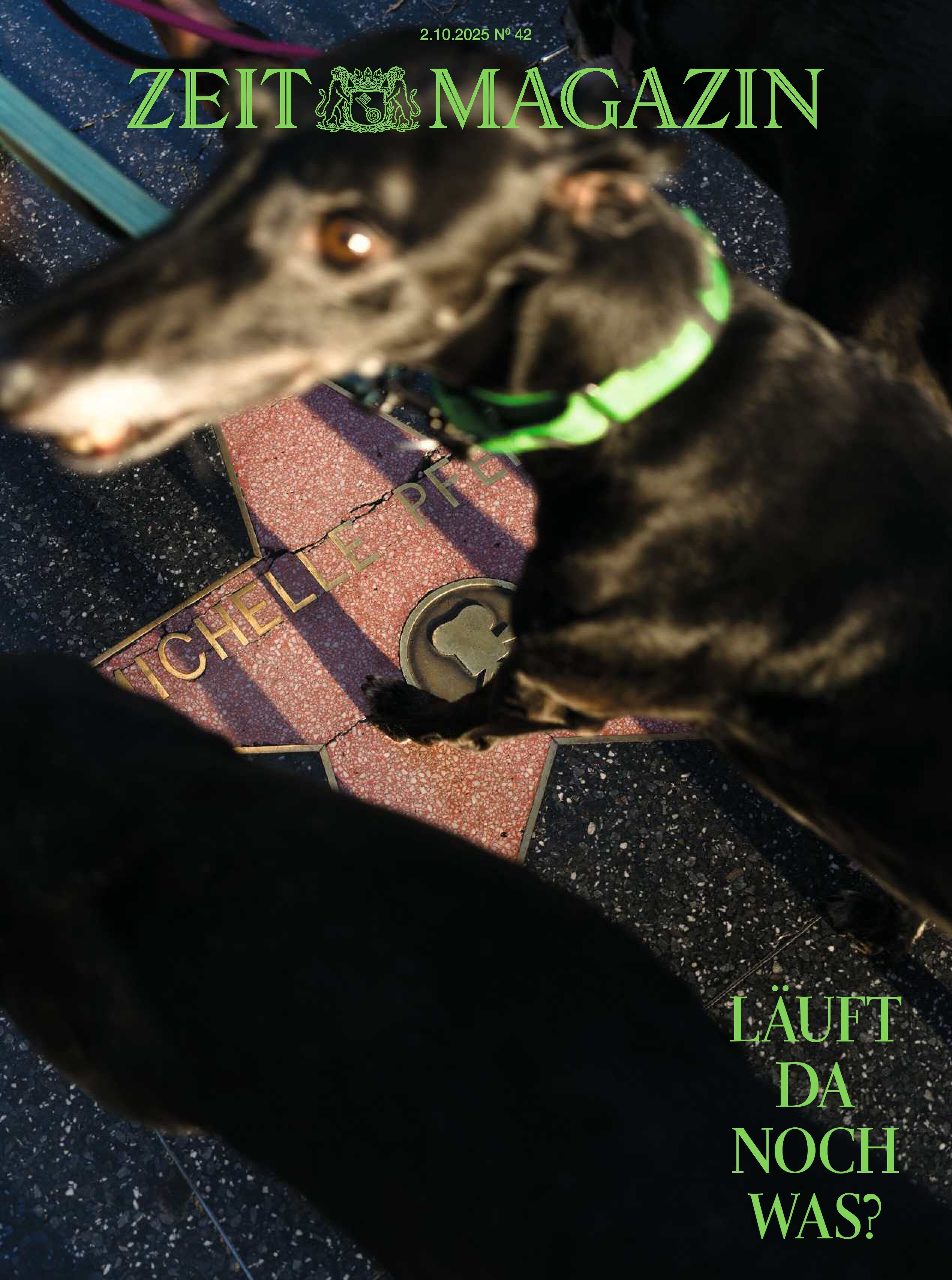 Das Cover der Zeitschrift DIE ZEIT 42/2025 zeigt einen schwarzen Windhund mit grünem Halsband, der auf dem Hollywood Walk of Fame auf einem Stern steht. Im Hintergrund sind weitere Hunde und Teile des Gehsteigs zu sehen. Oben steht das grüne Logo 'ZEIT MAGAZIN', unten rechts die Schlagzeile 'Läuft da noch was?'.