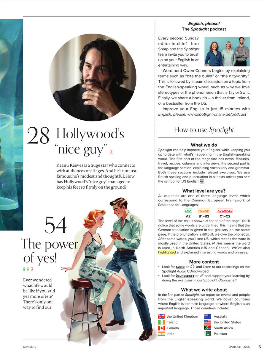 Titelseite des Spotlight Magazins 3/2025 mit Artikeln über Hollywood und Sprache. Es ist ein Mann abgebildet, der in einem Interview zitiert wird, sowie eine Illustration eines Mannes und einer Frau, die kommunizieren. In der Mitte des Magazins steht 'Hollywood's 'nice guy'.' Das Design ist bunt mit einem Fokus auf Unterhaltung und Bildung.