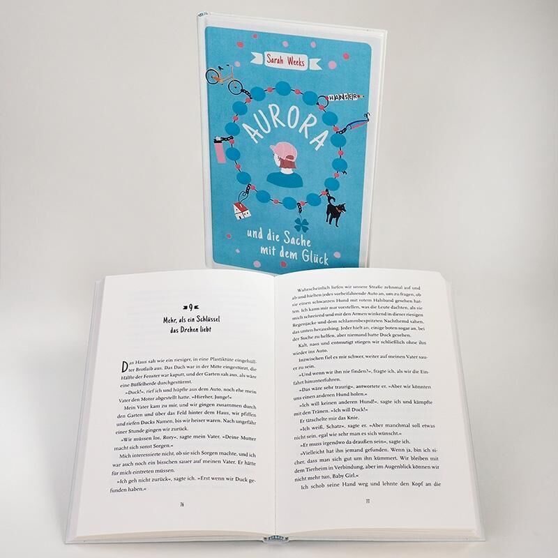 Das Bild zeigt das Buch 'Aurora und die Sache mit dem Glück' von Sarah Weeks. Das Cover ist hauptsächlich blau mit einer bunten Illustration. Das Buch ist leicht geöffnet und Teile des Textes auf den Seiten sind sichtbar.