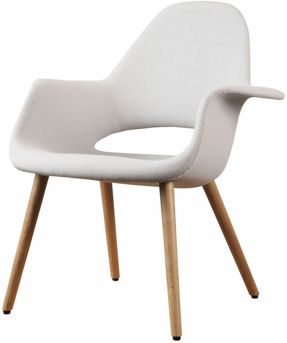 Ein stilvoller Vitra Organic Chair mit weiß gepolstertem Sitz und Holzbeinen. Das Design ist modern und minimalistisch, ideal für Esszimmer, Wohnzimmmer oder Home Office.