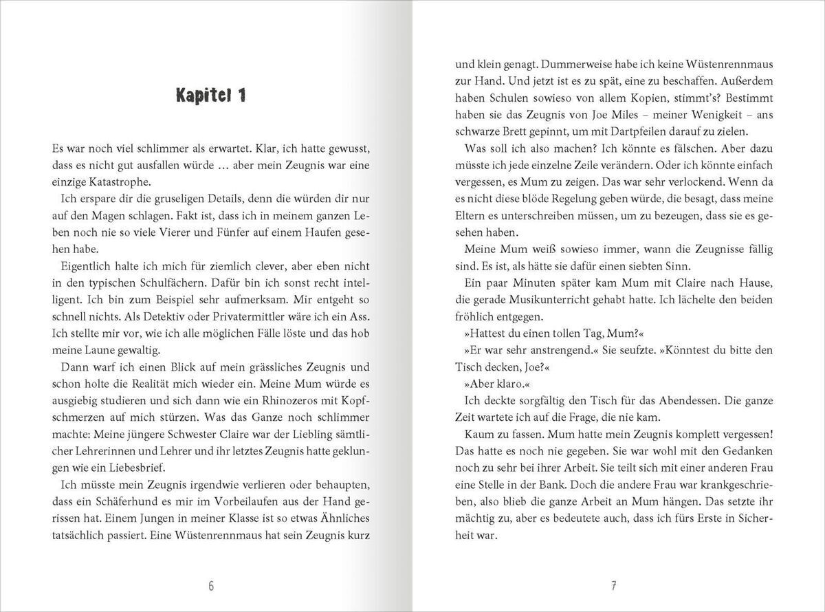 Das Bild zeigt eine Doppelseite eines Buches mit dem Titel 'Wie man seinen Papa aktualisiert' von Pete Johnson. Auf den Seiten 6 und 7 ist Kapitel 1 mit Text auf Deutsch zu sehen.