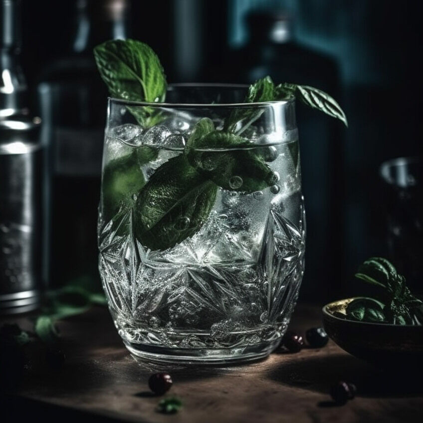 Ein elegant gedeckter Tisch in einer gedämpften Umgebung, darauf ein Glas Fresh Mint Distilled Dry Gin mit Eiswürfeln und frischer Minze. Im Hintergrund eine stilvolle Bar, weiter hinten eine ältere stilvolle Person mit großen, orangefarbenen Brillen und einem eleganten blauen Outfit.