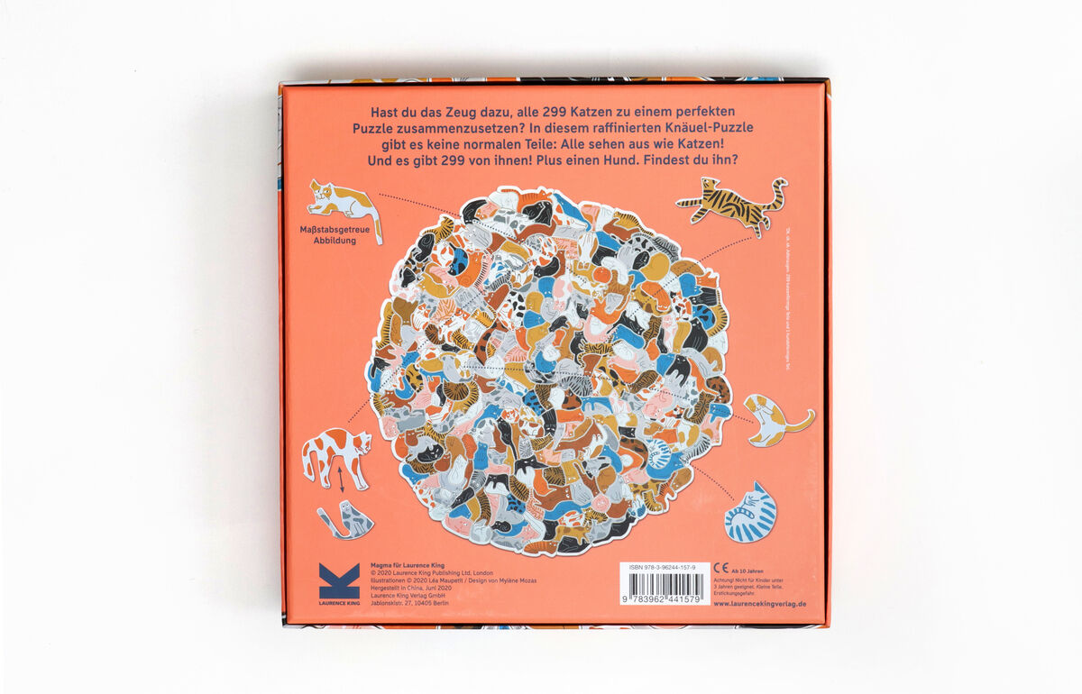 Verpackung des Puzzles »299 Katzen«. Die Rückseite zeigt eine Mischung aus Katzen in verschiedenen Farben und Mustern auf einem orangefarbenen Hintergrund.