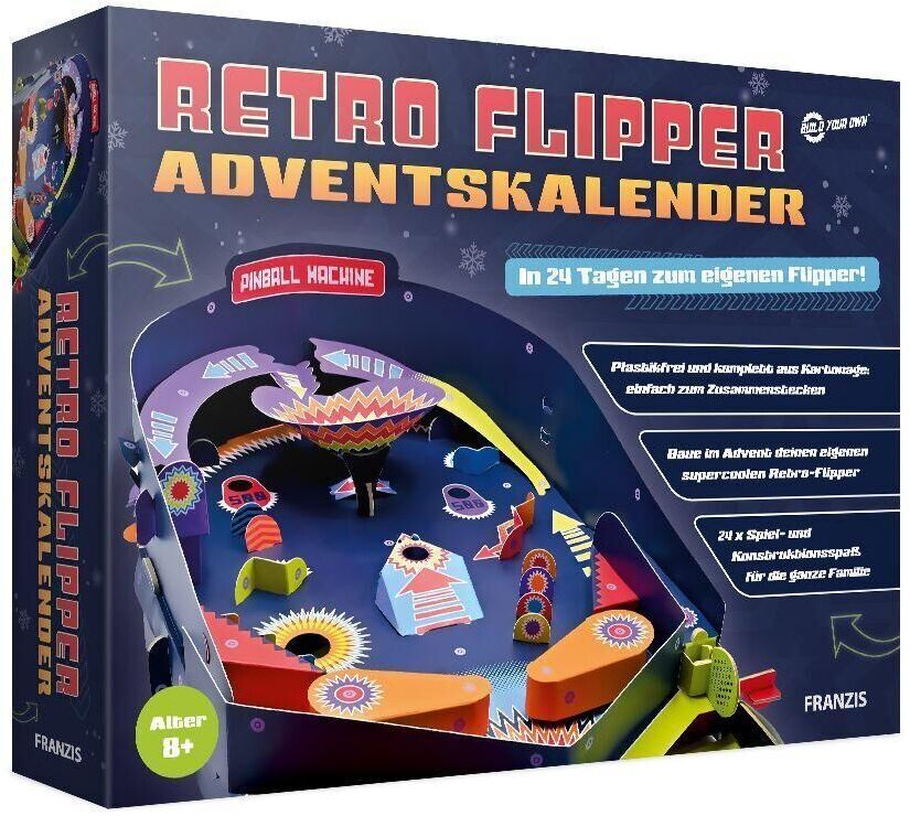 Produktbild des Retro Flipper Adventskalenders von Franzis. Die Verpackung zeigt einen selbstgebauten Flipperautomaten in bunten Farben mit der Aufschrift 'In 24 Tagen zum eigenen Flipper!' auf der Vorderseite. Geeignet für Kinder ab 8 Jahren.