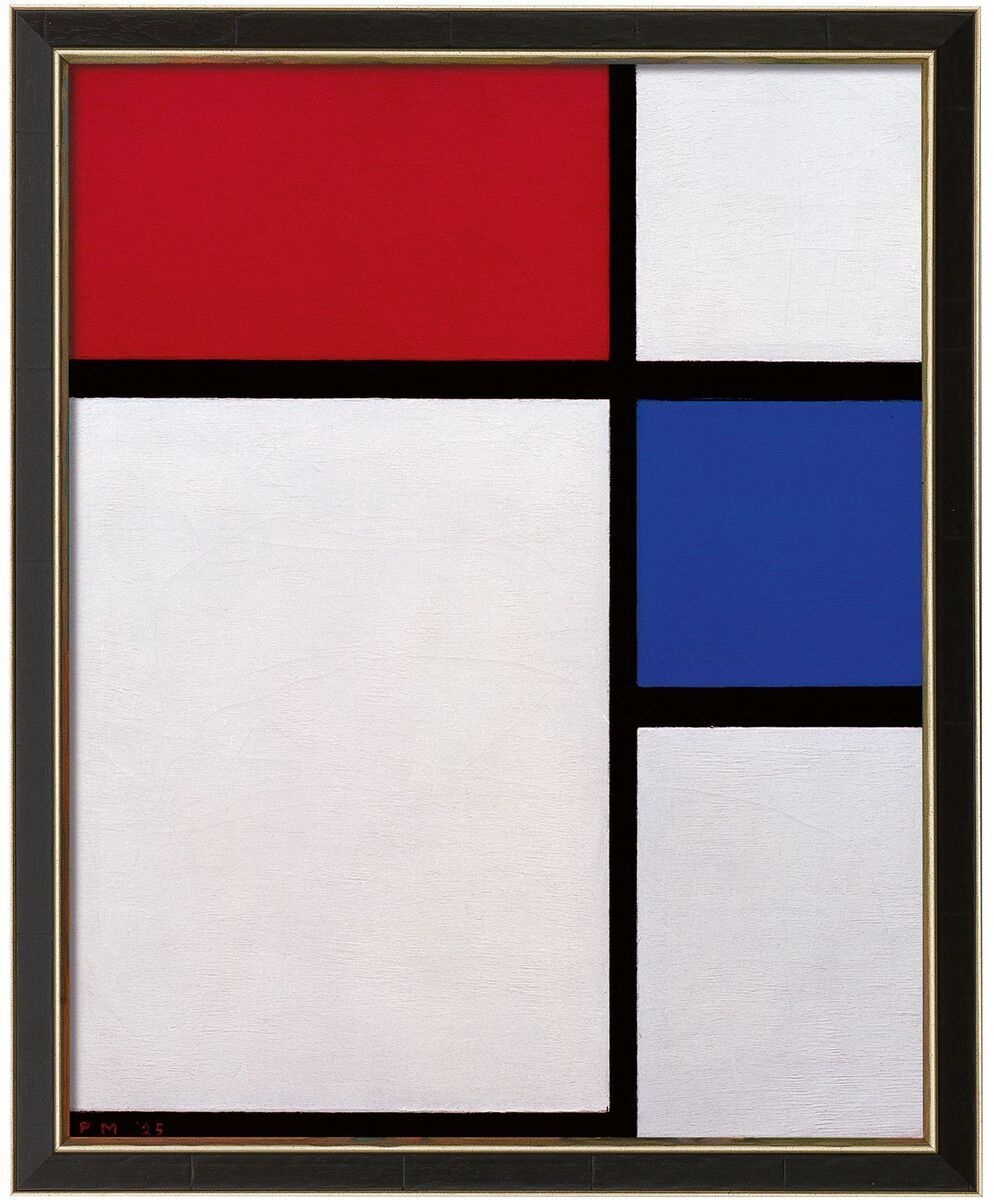 Ein abstraktes Gemälde von Piet Mondrian aus dem Jahr 1929 mit dem Titel „Komposition No. II, mit Rot und Blau“. Es umfasst rechteckige Formen in Rot, Blau, Weiß und Schwarz, die durch dicke schwarze Linien getrennt sind, und ist in einem schlichten, schwarzen Rahmen präsentiert.