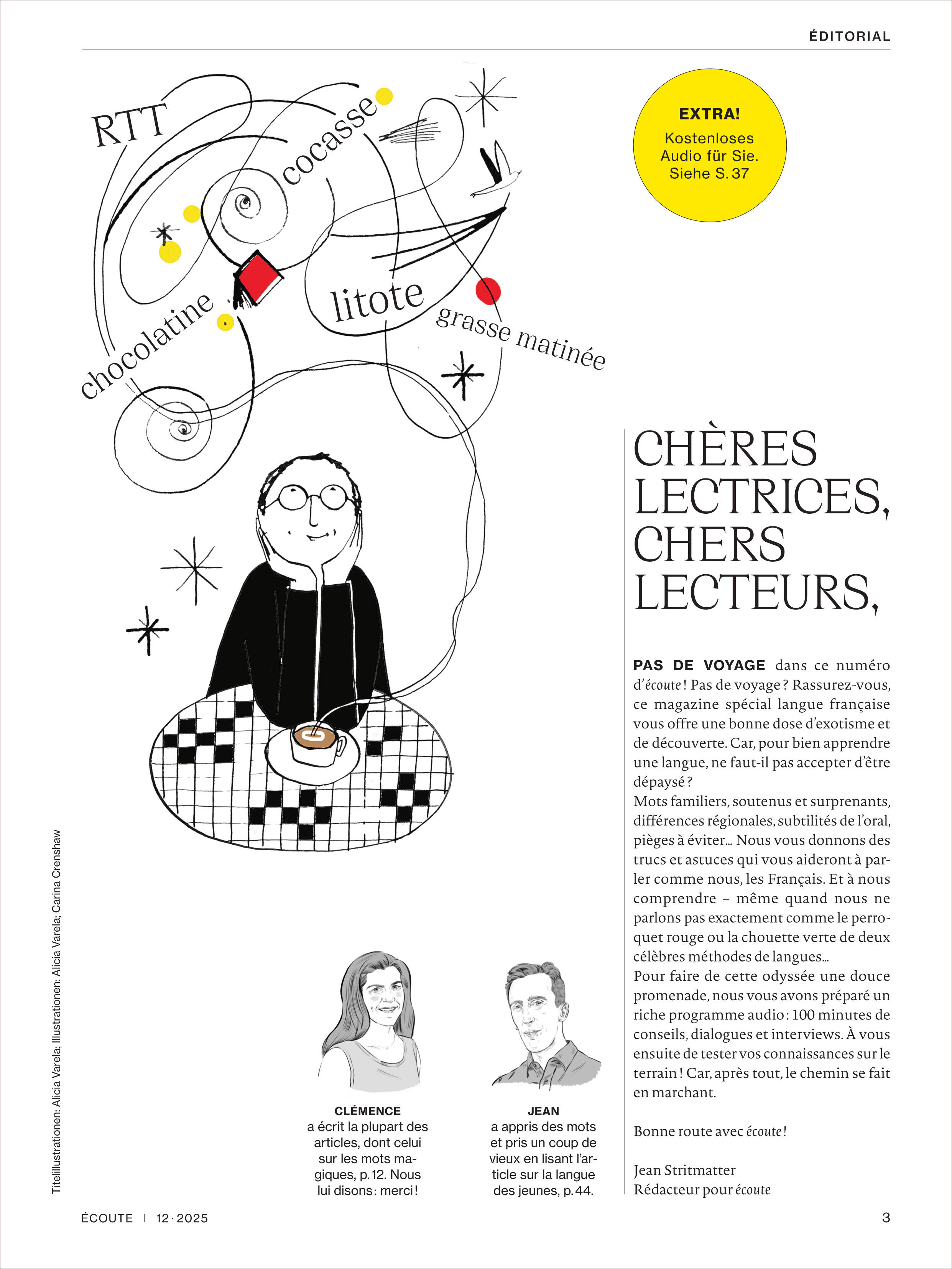 Titelblatt der Zeitschrift 'Écoute Magazin 12/2025 Sonderausgabe' mit einer illustrierten Zeichnung einer Person mit Kopfhörern, umgeben von französischen Wörtern und Symbolen. Rechts befindet sich ein Editorialtext unter der Überschrift 'Chères lectrices, chers lecteurs'. Im unteren Bereich sind kleine Porträts von zwei Redaktionsmitgliedern mit kurzen Beschreibungen abgebildet. Die Farbgestaltung des Covers ist überwiegend weiß mit schwarzen Linien, gelben Akzenten und einigen roten Elementen.