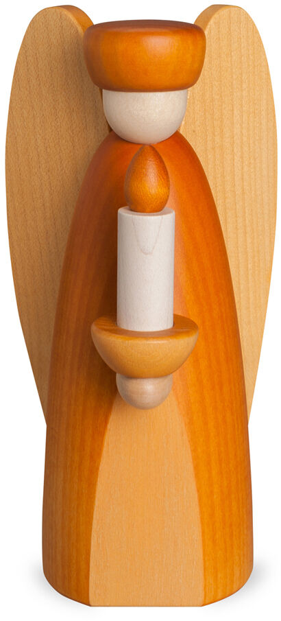 Die Abbildung zeigt eine gelbe Holzfigur des Lichterengels von Björn Köhler. Die Figur hat einen runden Kopf, stilisierte Flügel und hält vorne ein weißes Kerzenlicht. Design und Farben wirken hochwertig, glatt und minimalistisch, ideal als Weihnachtsdekoration.