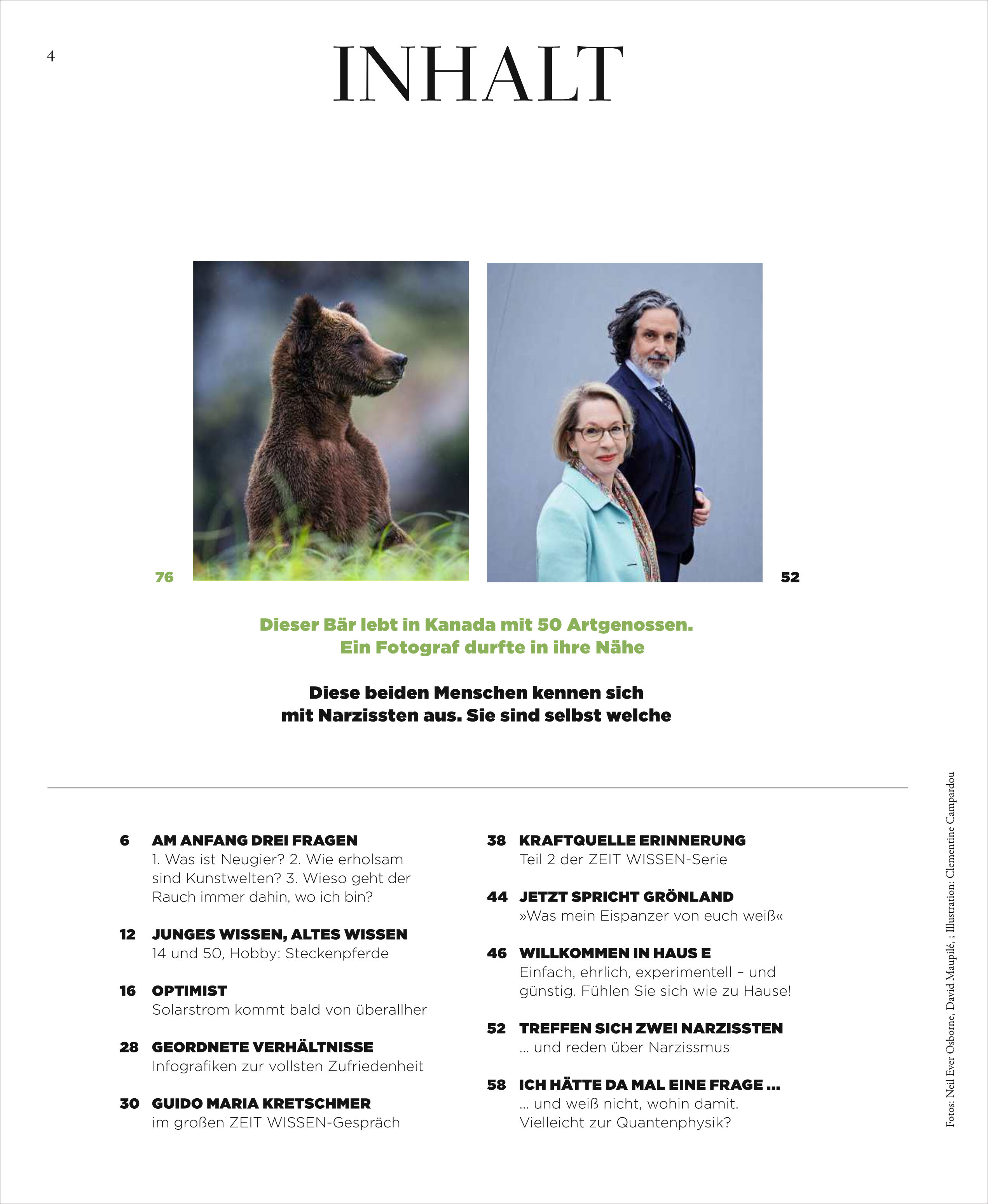 Das Bild zeigt eine Magazinseite mit dem Titel 'INHALT' der Ausgabe ZEIT WISSEN 4/25 zum Thema Pause. Links ist ein Foto eines Bären in der Natur zu sehen, rechts ein Porträt von zwei Menschen im formellen Outfit. Darunter sind in Schwarz-Weiß mehrere Artikelüberschriften des Magazins aufgelistet.