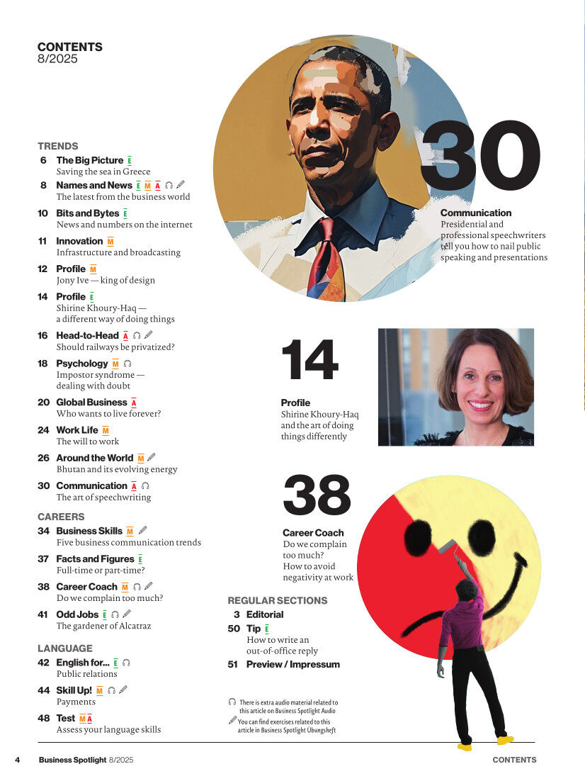 Inhaltsverzeichnis des Business Spotlight Magazins 8/2025 mit einer illustrierten Person in Anzug und einer rednerischen Geste, einer porträtierten Frau und einem Menschen, der ein großes Smiley-Gesicht auf eine weiße Wand malt. Die Seite ist grafisch gestaltet mit Zahlen in großen Farbfeldern und kurzen Textabschnitten zu verschiedenen Business-Themen.