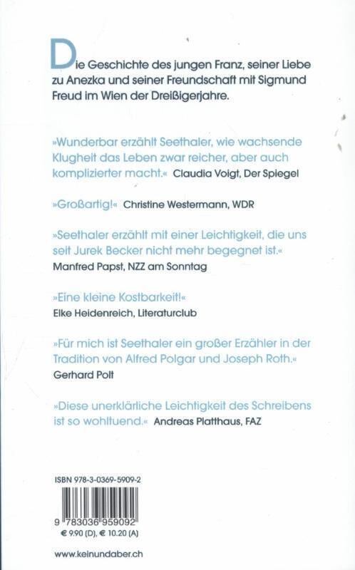 Buchumschlag des Buches 'Seethaler, R: Trafikant' mit Zitaten von Buchkritikern auf blau-weißem Hintergrund.