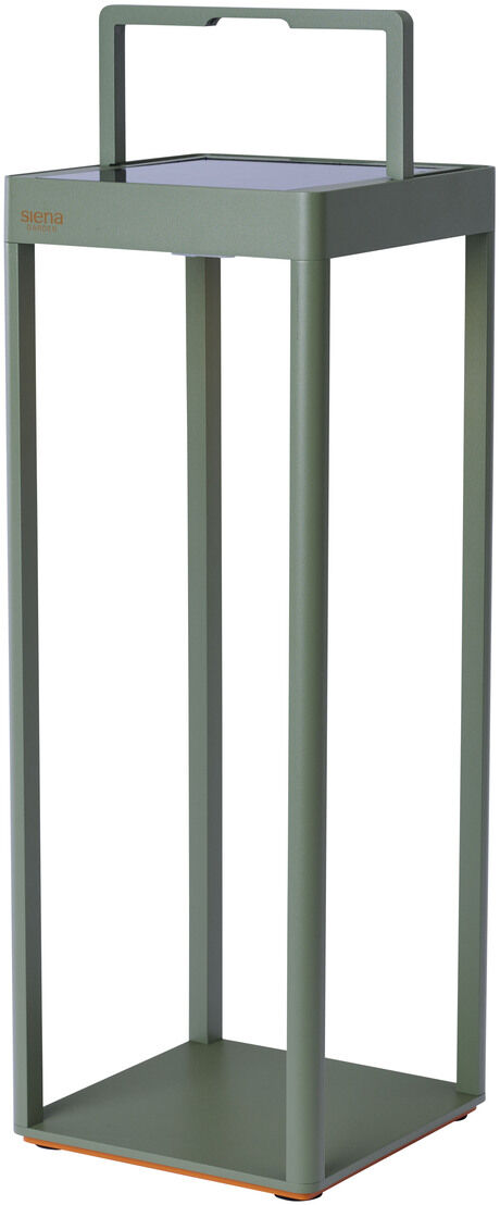 Großes Windlicht Modell »Wega« von Sienagarden, 50 cm hoch, aus Metall in olivgrün. Das minimalistische Design besteht aus vier schlanken Eckstreben, unten ein rechteckiger Boden, oben ein Griff. Geeignet als dekorative Außenleuchte oder für den Innenbereich.