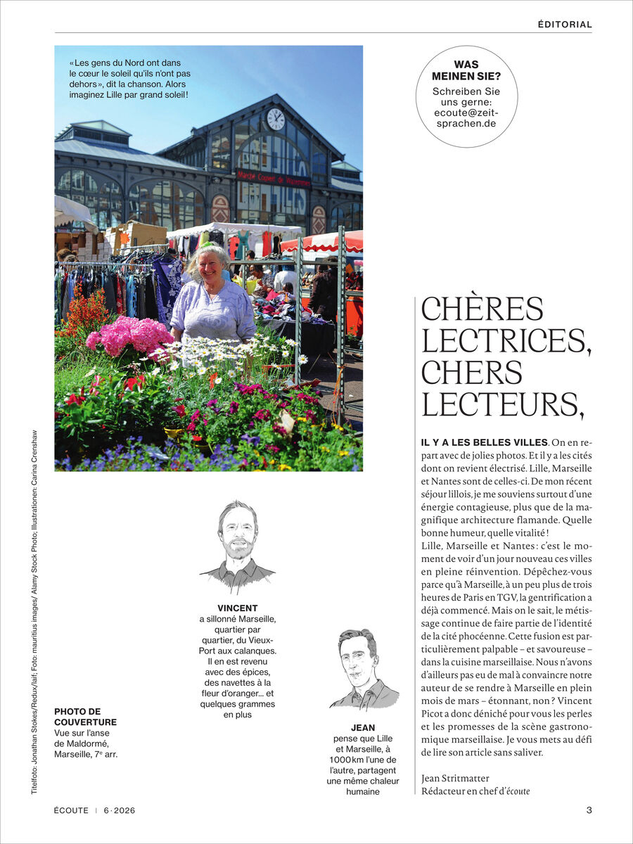 Seite eines Magazins mit Editorial: Oben ein farbiges Foto eines blumigen Marktplatzes vor einem historischen Gebäude, darauf ein Mann zwischen Blumen und Ständen. Daneben Editorialtext, oben rechts Sprechblase, unten Porträtzeichnungen und Kurzinfos zweier Personen.