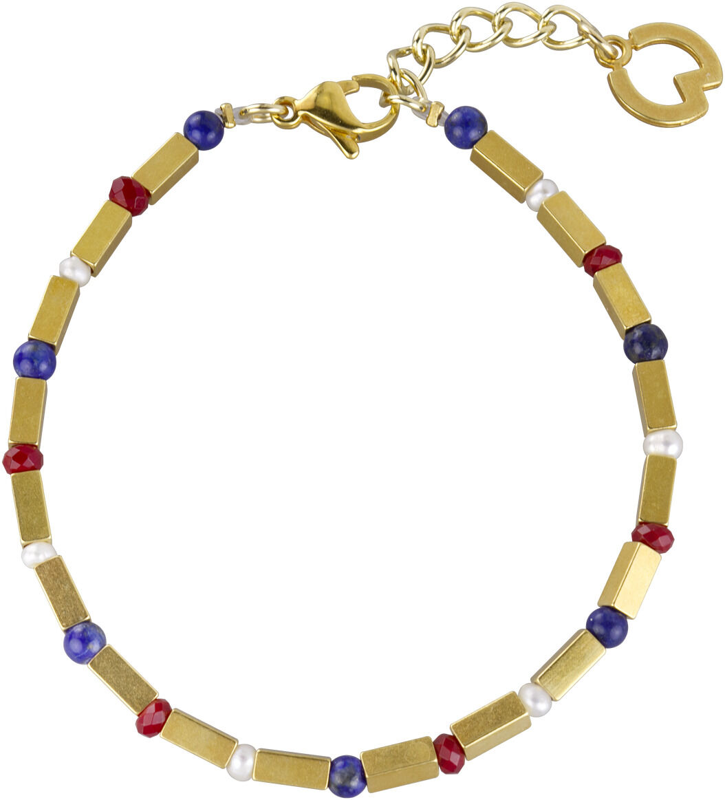 Das Bild zeigt ein elegantes Armband aus dem Schmuckset »Kalea«. Das Armband besteht aus goldfarbenen Gliedern und ist mit abwechselnden Perlen in Blau, Rot und Weiß verziert. Der Verschluss ist ein goldfarbener Karabiner mit einer Verlängerungskette und einem herzförmigen Anhänger.