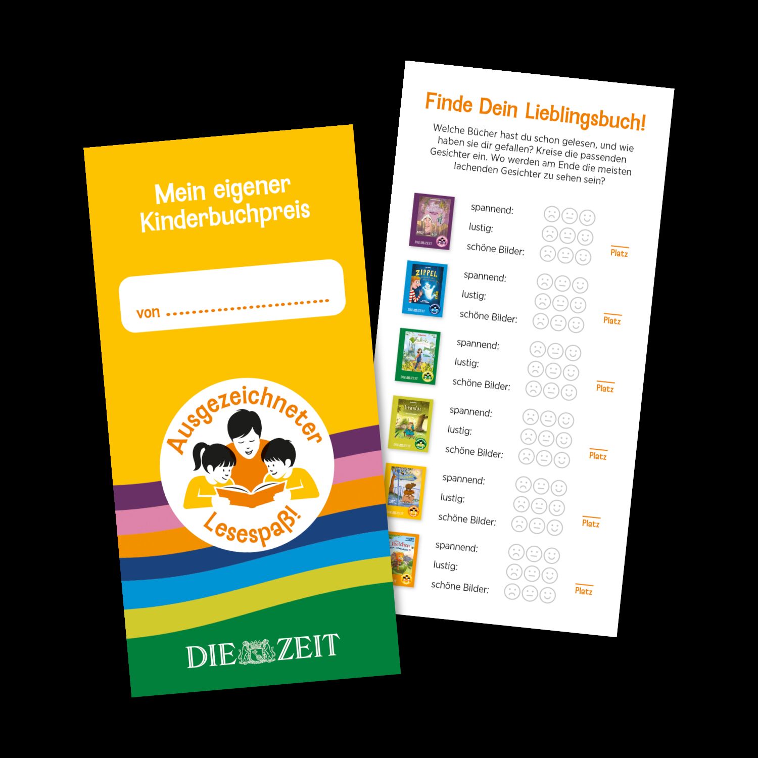 Zwei Karten: Links eine gelbe Karte mit Titel "Mein eigener Kinderbuchpreis" und buntem Logo "Ausgezeichneter Lesespaß!" über dem grünen Branding von DIE ZEIT. Rechts eine Bewertungs- und Mitmachkarte mit Bildern von sechs Kinderbüchern und Kreisen zum Ankreuzen für Kategorien wie spannend, schönste Bilder, lustig.