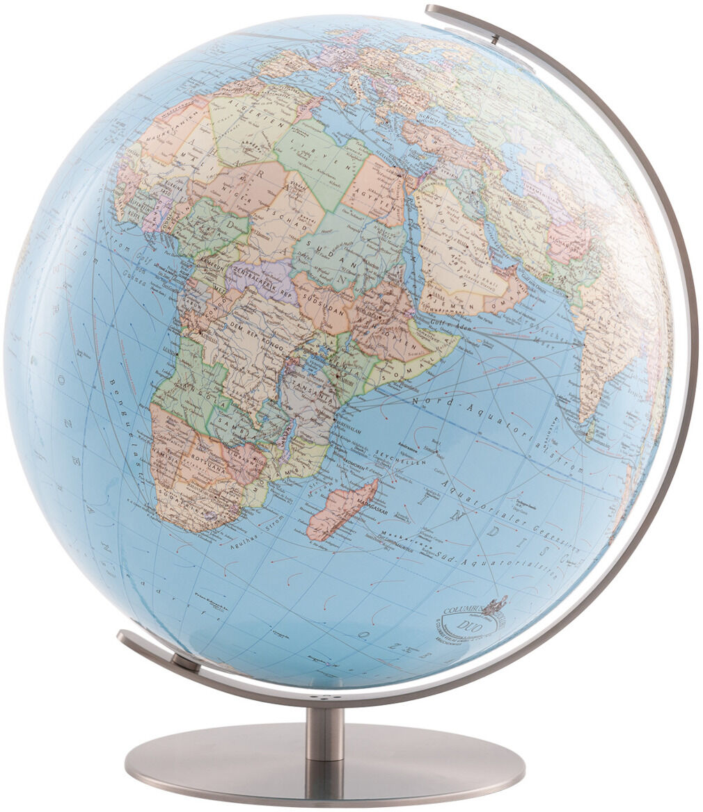 Ein Tischglobus namens »DUO Regent« mit einem Metallfuß. Der Globus zeigt eine detaillierte Weltkarte mit Kontinenten, Ländern und Hauptstädten. Die Karte hat verschiedene Farben, um die Länder zu unterscheiden, und der Globus ist hauptsächlich in Blau gehalten.