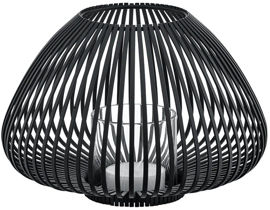 Schwarze, moderne Laterne LYVA aus Metall mit rundem Käfigdesign und Glaseinsatz für eine Kerze, geeignet für den Innen- und Außenbereich.