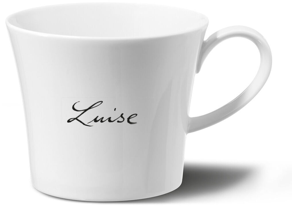 Die Frühstückstasse »Berlin« von KPM mit der Schriftart Sententia ist eine weiße Porzellantasse mit eleganter, moderner Schrift.