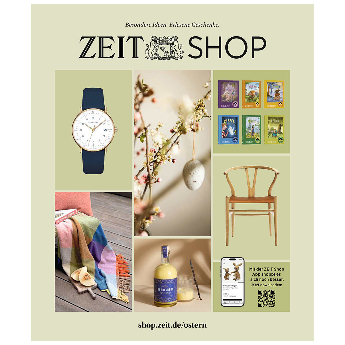 Titelbild des DIE ZEIT Osterkatalogs mit verschiedenen Geschenkideen: Uhr mit blauem Armband, bunte Decke, pastellfarbene Ostereier und Zweige, Flasche Gin, Sammlung von Büchern, Holzstuhl und Smartphone mit Shop-Info. Gestaltet auf hellem, pastellig grünem Hintergrund.