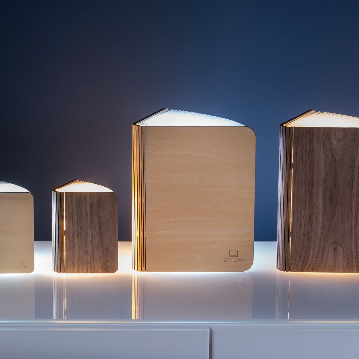 Das Bild zeigt vier Smart-Booklights »Ahorn« in verschiedenen Größen. Diese sind in Holzoptik gehalten und strahlen ein warmes, weißes Licht aus. Die Lampen sind wie Bücher gestaltet und sind auf einer weißen Oberfläche vor einem dunkelblauen Hintergrund platziert. Rechts im Bild ist eine kleine grüne Pflanze zu sehen.