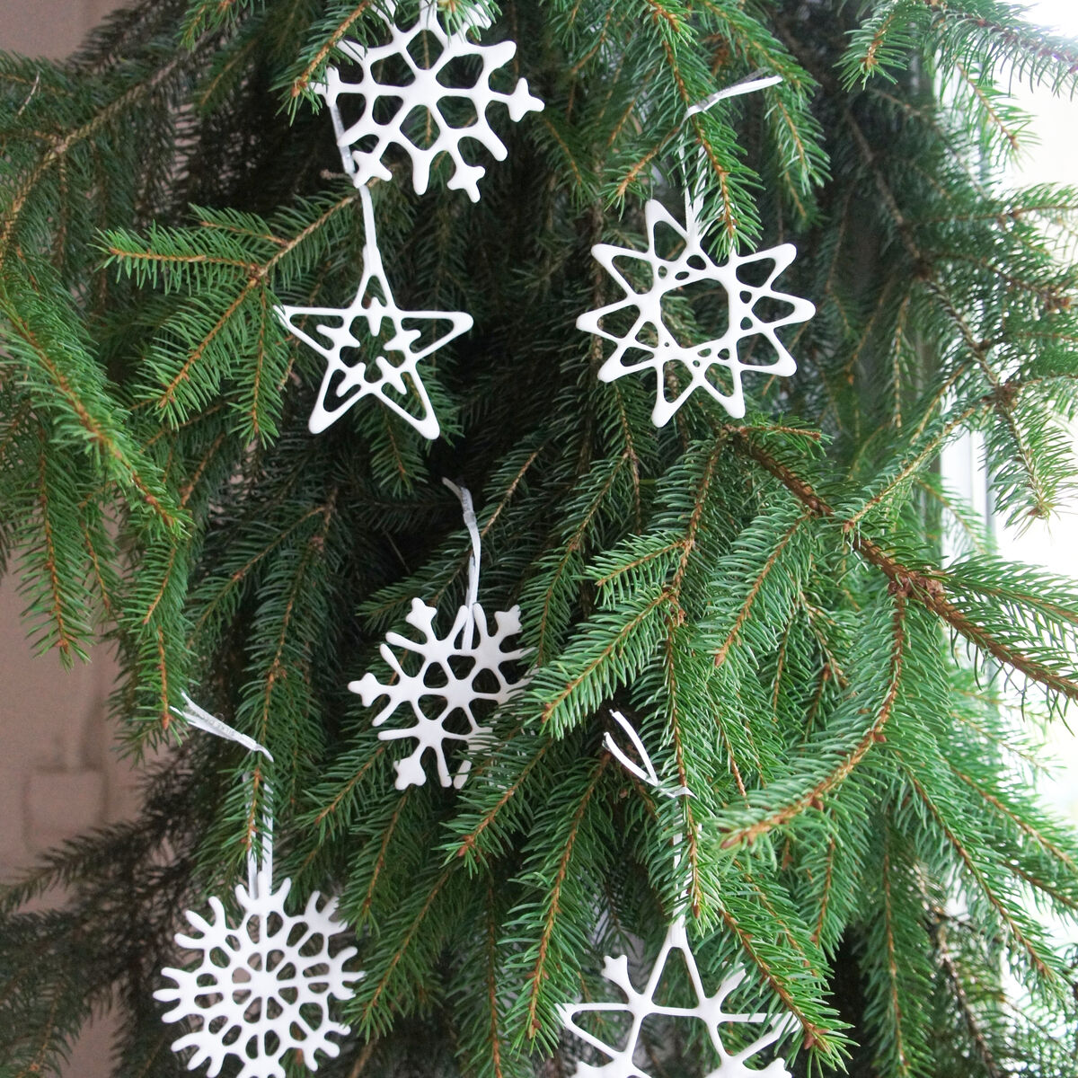 Sechs weiße, filigrane Porzellananhänger in Form von Sternen und Schneeflocken hängen an den Zweigen eines grünen Tannenbaums.