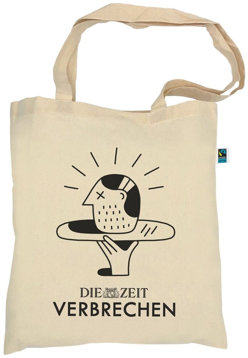 Eine naturfarbene Baumwolltasche mit langen Henkeln, bedruckt mit einem grafischen Gesichtsmotiv und dem schwarzen Schriftzug 'DIE ZEIT VERBRECHEN'.