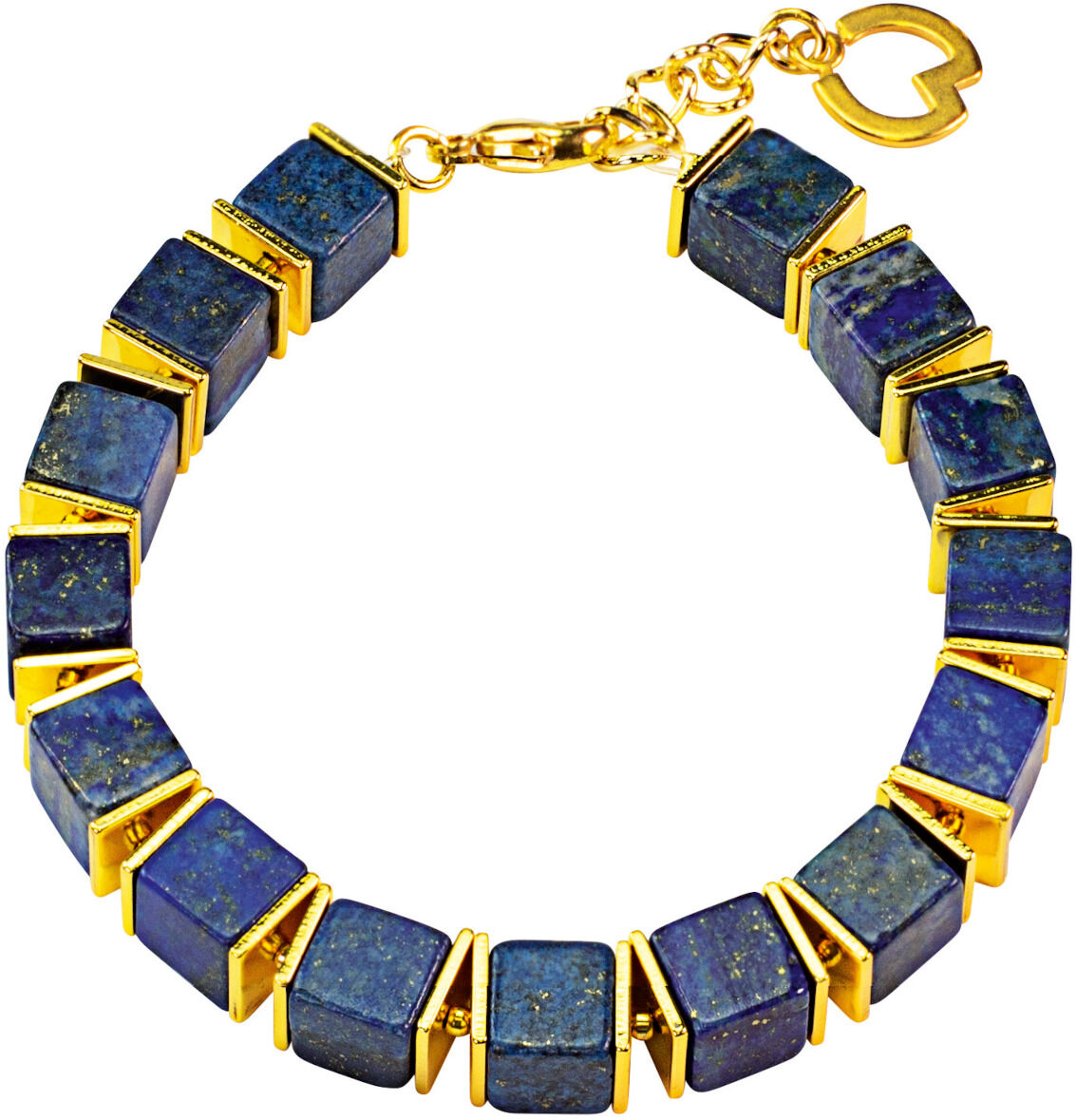 Elegantes Schmuckset 'Blaue Stunde' von Petra Waszak, bestehend aus einem Armband mit blauen Steinen und goldenen Elementen, handgefertigt und luxuriös.