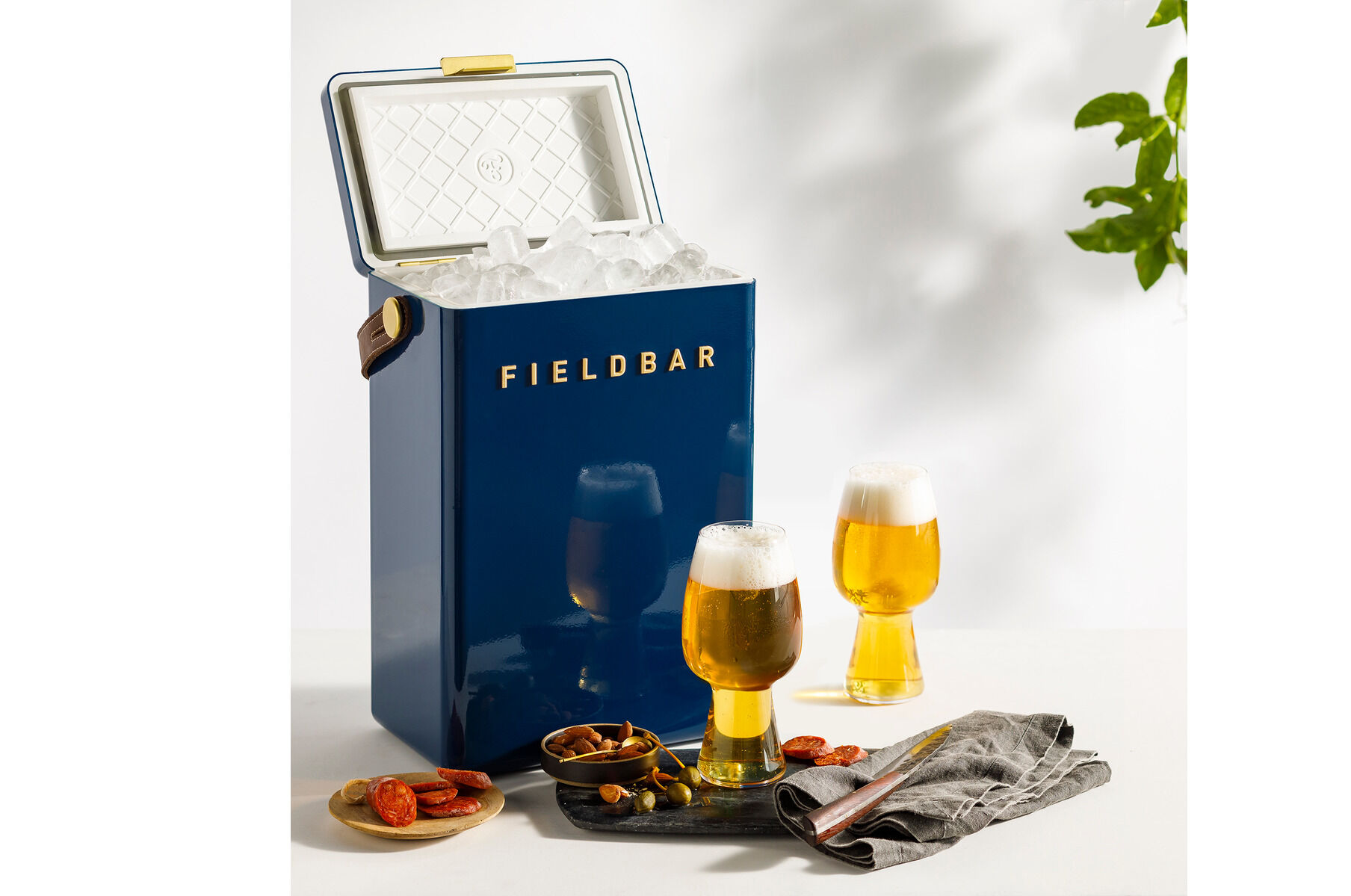 Eine dunkelblaue Getränkebox der Marke Fieldbar, gefüllt mit Eis. Zwei Gläser mit Bier stehen daneben auf einem grauen Tuch. Es gibt Snacks auf einem kleinen Teller und grüne Pflanzen im Hintergrund.