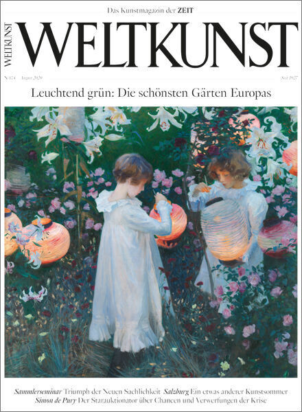 Das Cover der Zeitschrift WELTKUNST Nr. 174/20 mit dem Titel „Leuchtend Grün: Die schönsten Gärten Europas“. Es zeigt zwei junge Mädchen in weißen Kleidern, die Laternen in einem üppigen Garten tragen, umgeben von blühenden Pflanzen.