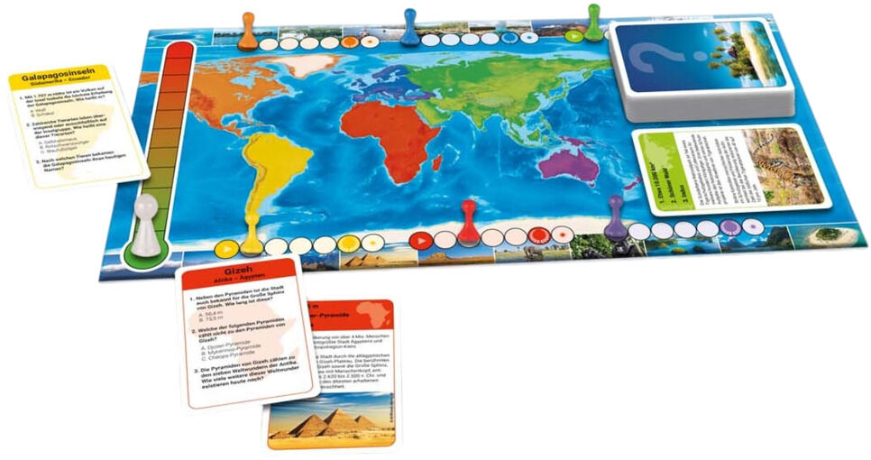 Ein farbenfrohes Brettspiel namens '100 Places - Das Natur- und Umweltquiz', das eine Weltkarte sowie bunte Spielfiguren und Fragekarten enthält. Das Spiel ist pädagogisch wertvoll und eignet sich für Familien und Kinder.