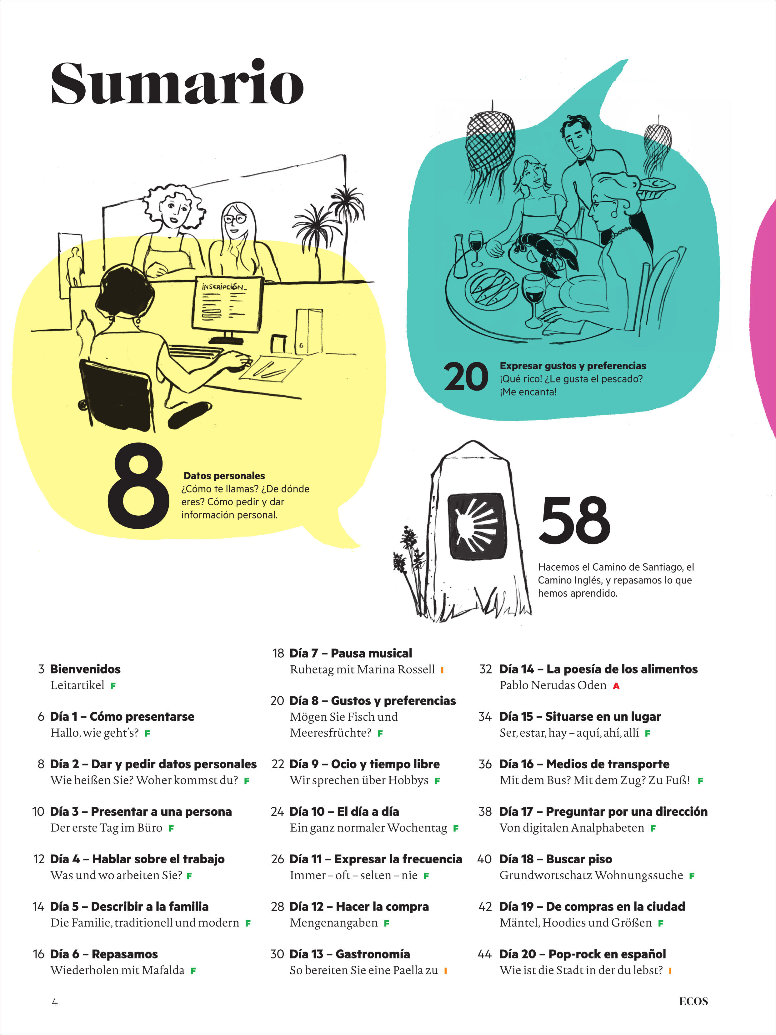 Das Cover des Sonderhefts Ecos Magazin 12/2025 zeigt ein illustriertes Inhaltsverzeichnis auf Spanisch mit mehreren farbigen Grafiken, die Personen beim Arbeiten, Sprechen und auf dem Jakobsweg darstellen. Die farbigen Bereiche in Gelb, Grün und Türkis strukturieren einzelne Themenbereiche übersichtlich.