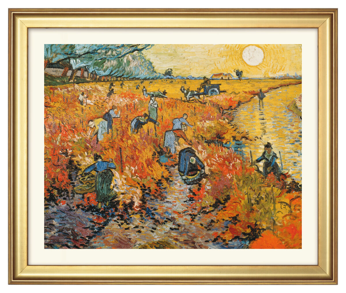 Ein Ölgemälde von Vincent van Gogh aus dem Jahr 1888 mit dem Titel 'Der rote Weingarten in Arles'. Zu sehen sind Feldarbeiter, die im Herbst bei der Weinlese arbeiten, umgeben von lebhaften Rot-, Gelb-, und Grüntönen unter einem hellen Sonnenschein.