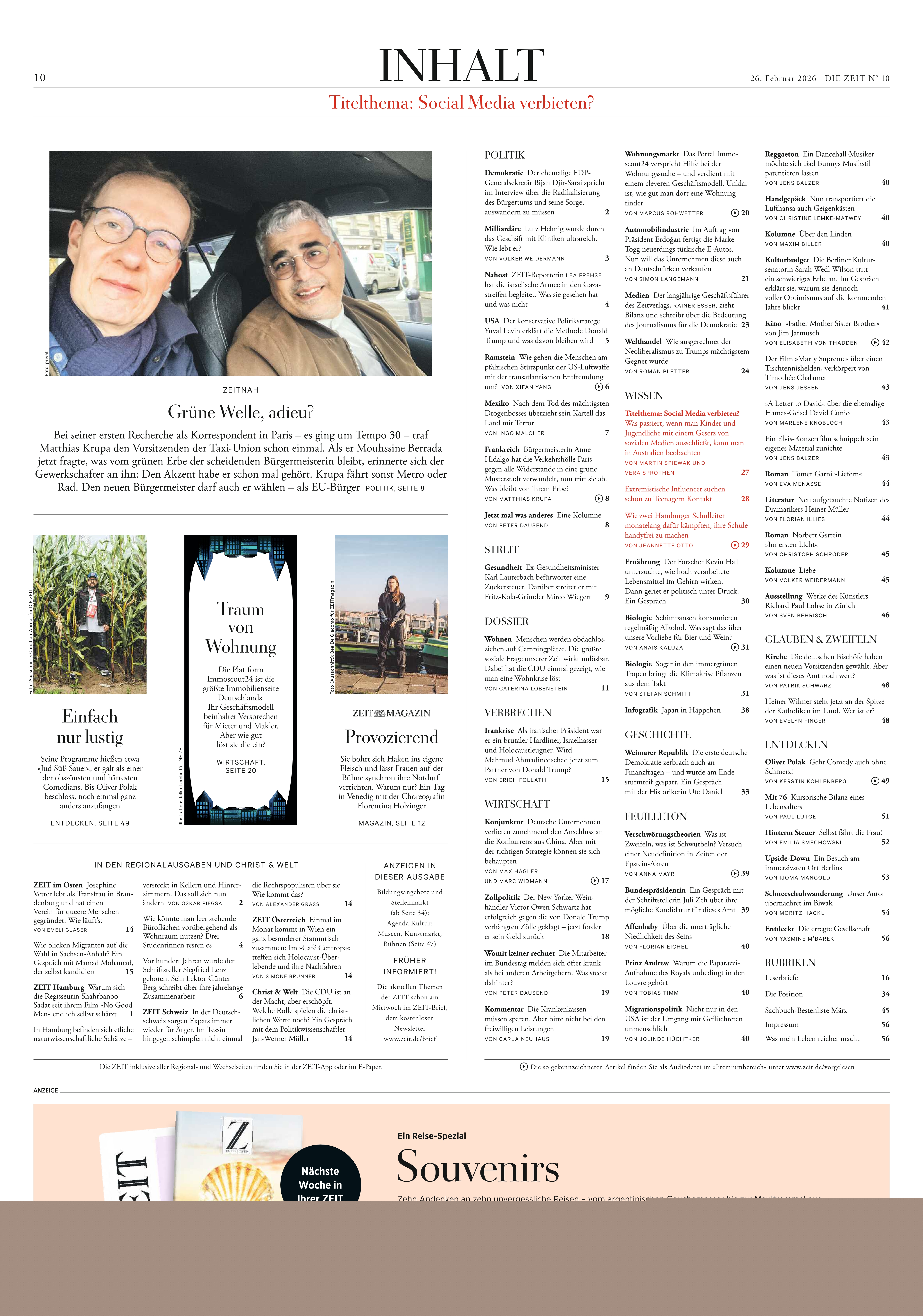 Detailreiche Inhaltsseite der Wochenzeitung DIE ZEIT 10/2026 mit übersichtlichen Rubriken, Artikeltiteln und Autoren. Oben links ein Selfie zweier Menschen, rechts Spalten mit Artikelliste, unten Werbung für Souvenirs und ein Gutscheinangebot. Alle Inhalte sind klar strukturiert und ansprechend gestaltet.