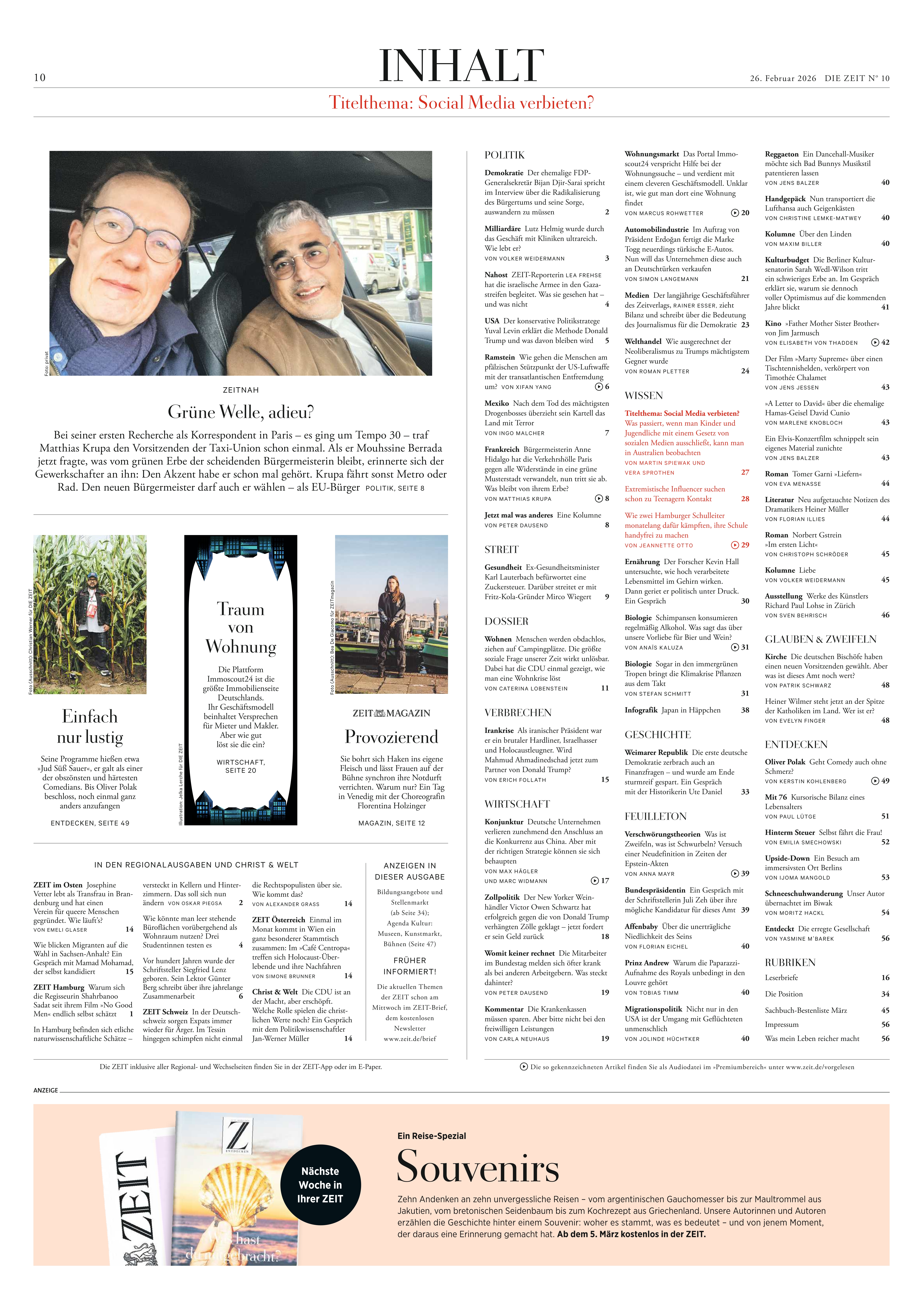 Detailreiche Inhaltsseite der Wochenzeitung DIE ZEIT 10/2026 mit übersichtlichen Rubriken, Artikeltiteln und Autoren. Oben links ein Selfie zweier Menschen, rechts Spalten mit Artikelliste, unten Werbung für Souvenirs und ein Gutscheinangebot. Alle Inhalte sind klar strukturiert und ansprechend gestaltet.