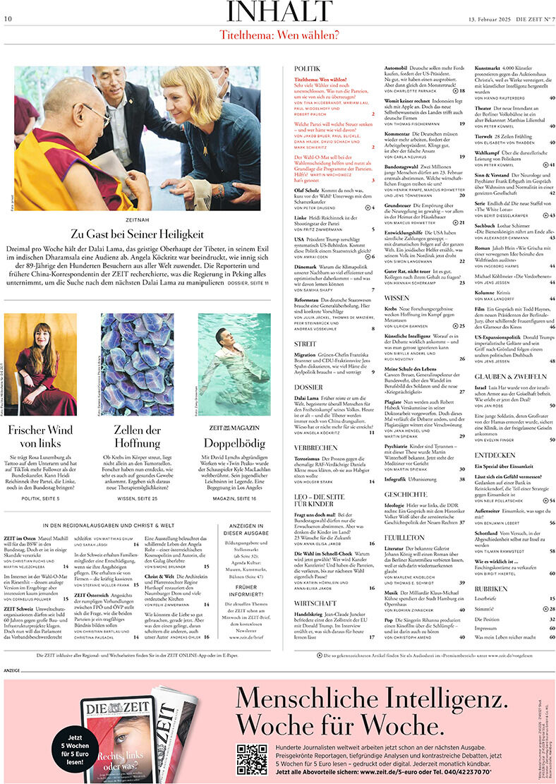 Seite einer Zeitung mit Überschriften, Bildern und Texten. Fokus auf Nachrichten und Gesellschaft. Bunte Bilder von Menschen und einem Tier.