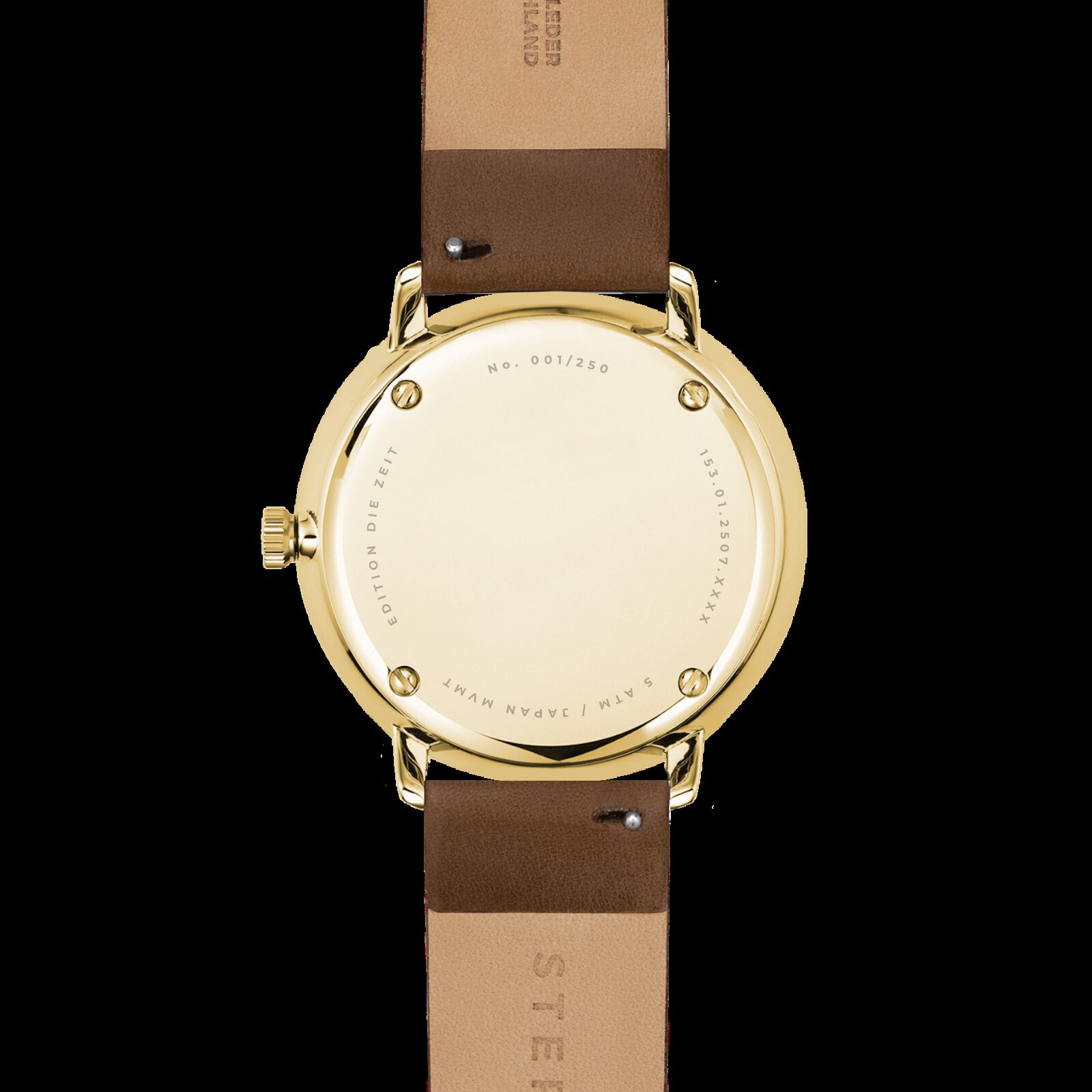 Rückseite einer eleganten Armbanduhr der ZEIT-Sonderedition Naos XS mit goldfarbenem Gehäuse und hellbraunem Lederarmband, minimalistisches Design ohne sichtbares Zifferblatt, geeignet als stilvolles Accessoire oder Geschenk.