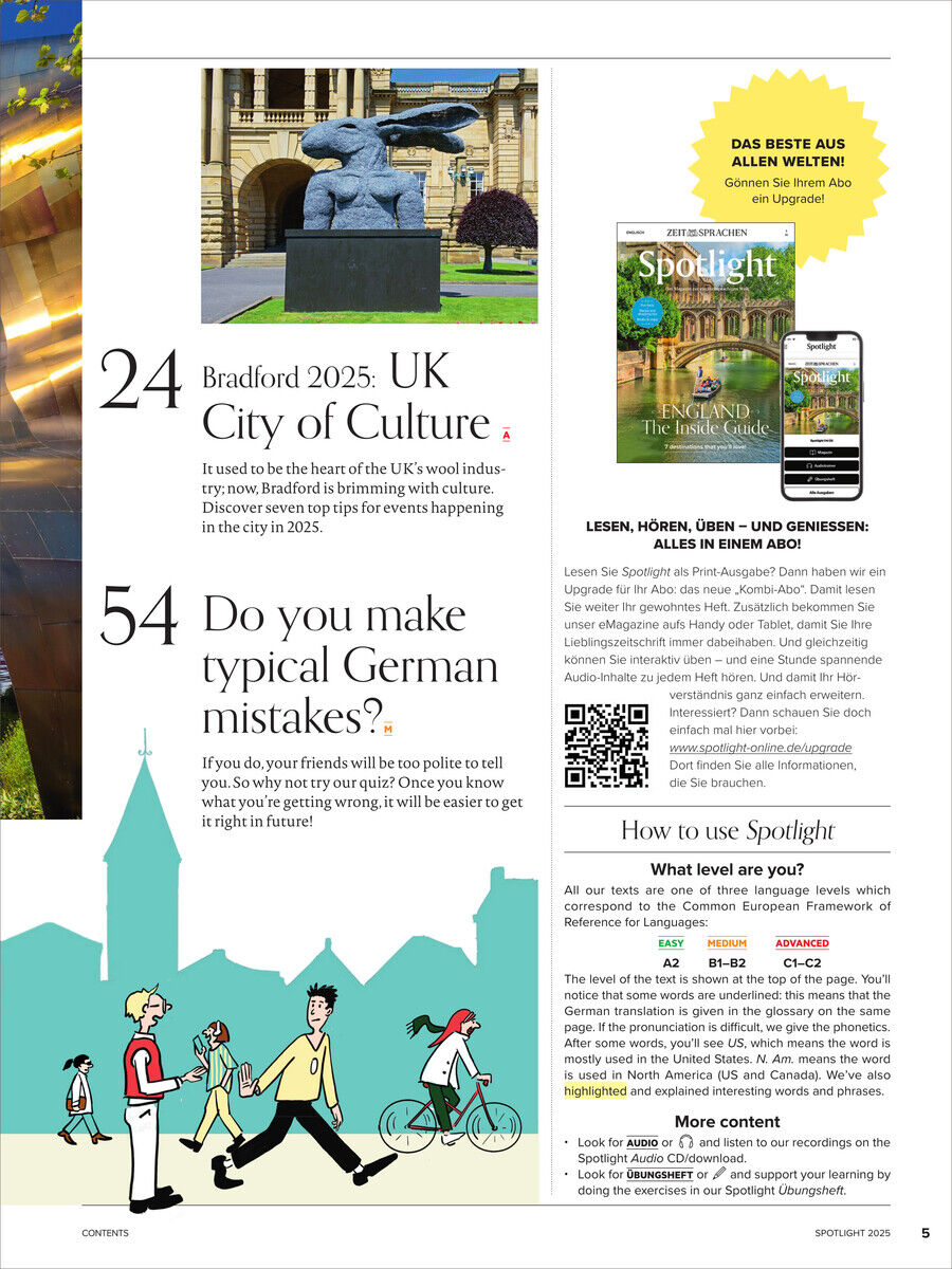Eine Ausgabe des Spotlight Magazins 5/2025 mit Artikeln über die britische Kultur und die Stadt Bradford. Enthält Texte über typische deutsche Fehler und bietet Bildungsinhalte für Englischlernende. Das Cover zeigt ein Kunstdenkmal und das Magazin wird mit verschiedenen Farben und Designelementen gestaltet.